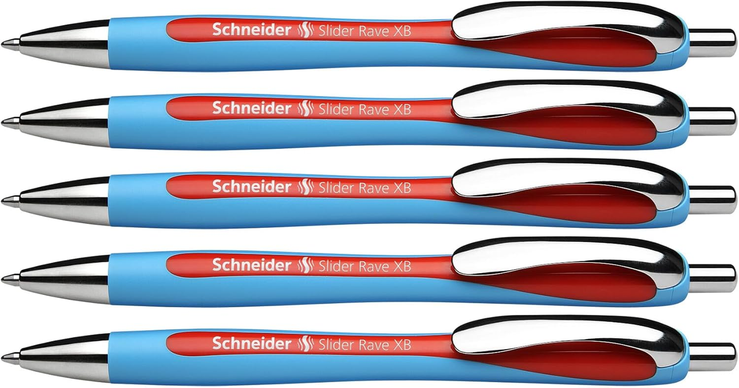 Schneider Slider Rave XB (Extra Broad) Ballpoint Pen, Refillable + Retractable, 1.4 Mm, Light Blue Barrel, Red Ink, Box of 5 Pens (132502)