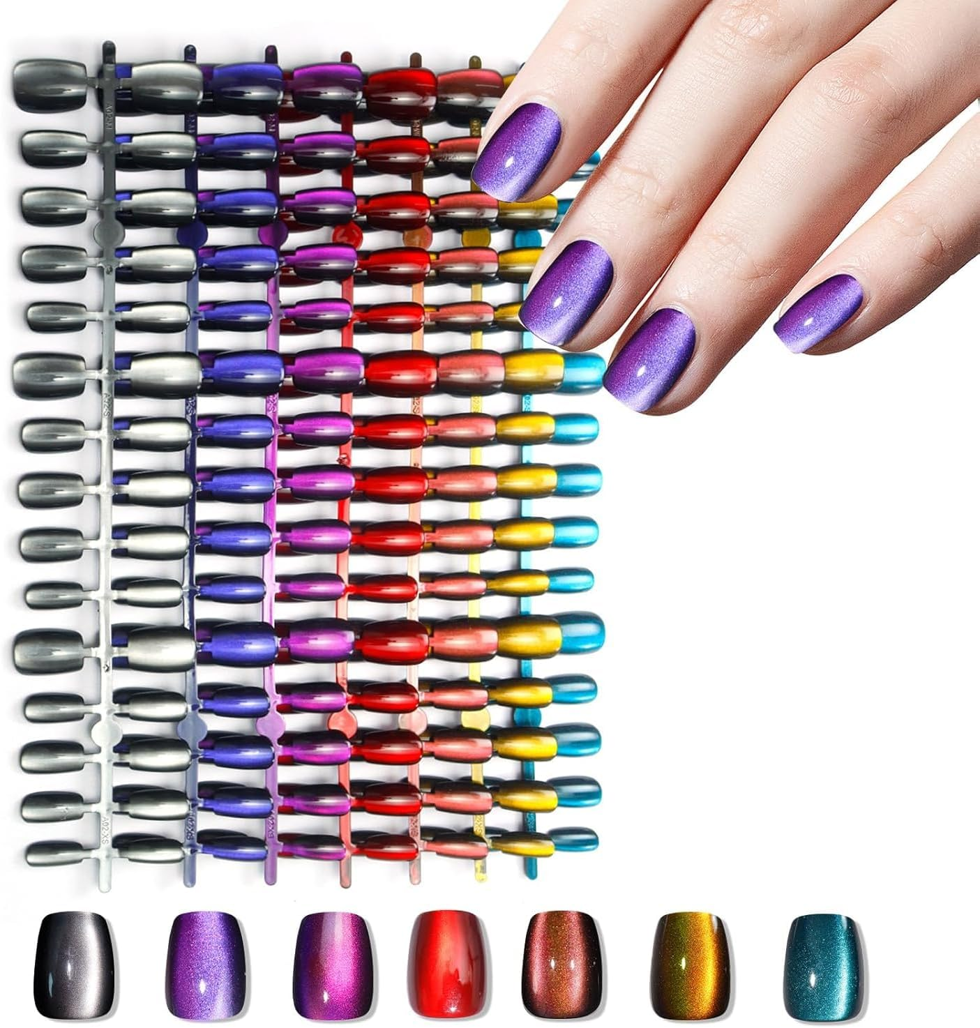 Press on Nails Art Kit, 210Pcs Cat Eye Press on False Nails for Women 7 Colors Short Square Reusable Nail Tip Stick in 15 Sizes Long Lasting Salon Fake Nails Stick on Artificial Acrylic False Nail Tips &mdash; Chameleon Series image number 2