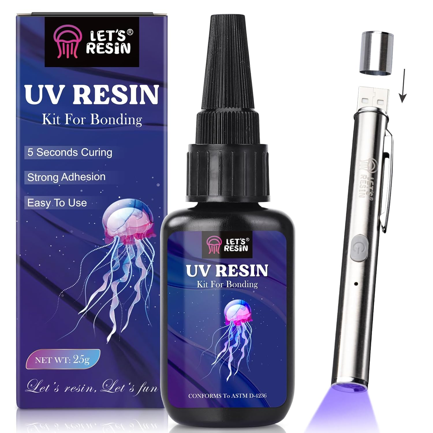 LET'S RESIN UV Resin Kit with Light, Bonding&Curing in Seconds, 30G UV Resin with Flashlight for Welding, Jewelry UV Glue Adhesive for Plastic Repair, Glass Light, Craft Decor