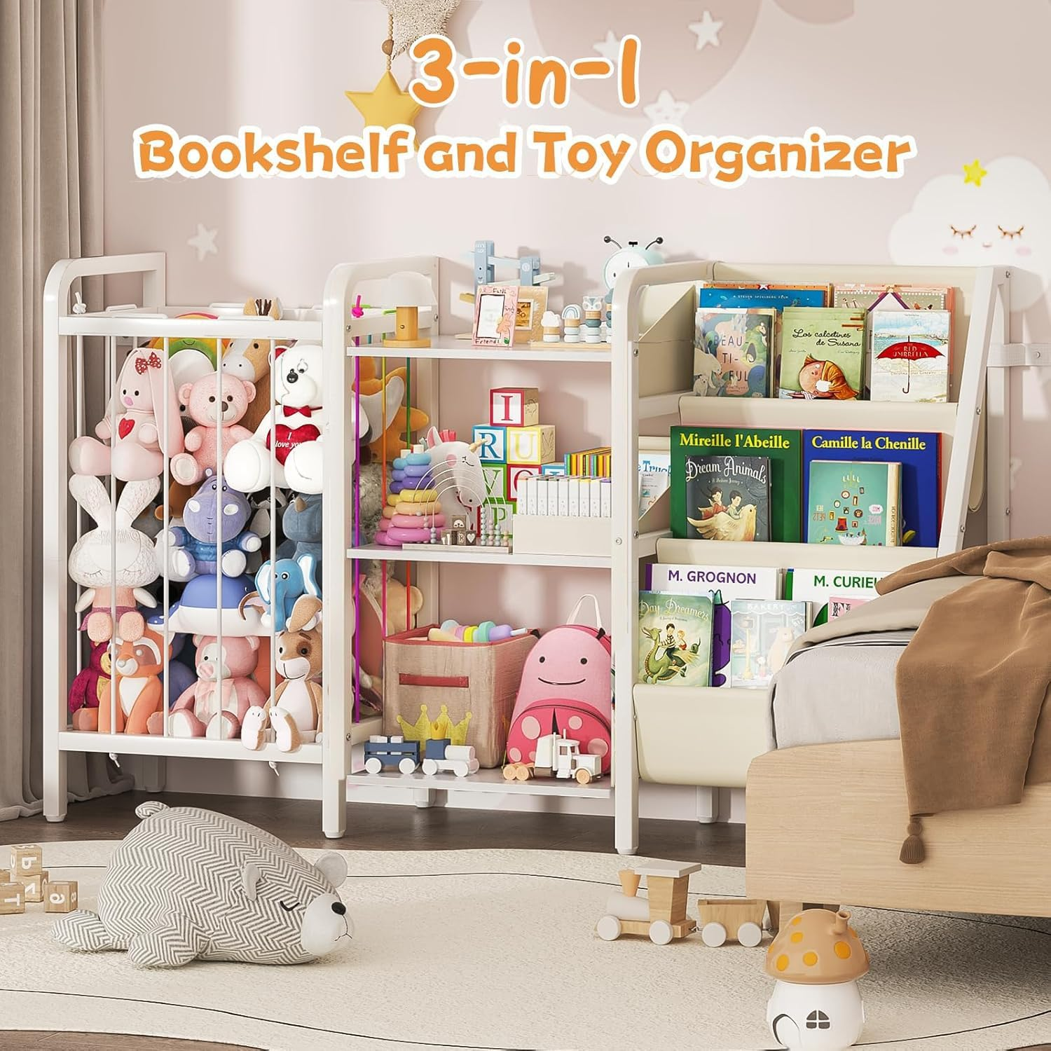 Children'S Book Shelf and Toy Organizer, 3 Tier Book Shelf for Kids Rooms,Sling Baby Bookcase with Stuffed Animal Organizer, Montessori Toddler Bookshelf for Children'S Room,Nursery, Bedroom, Playroom image number 4