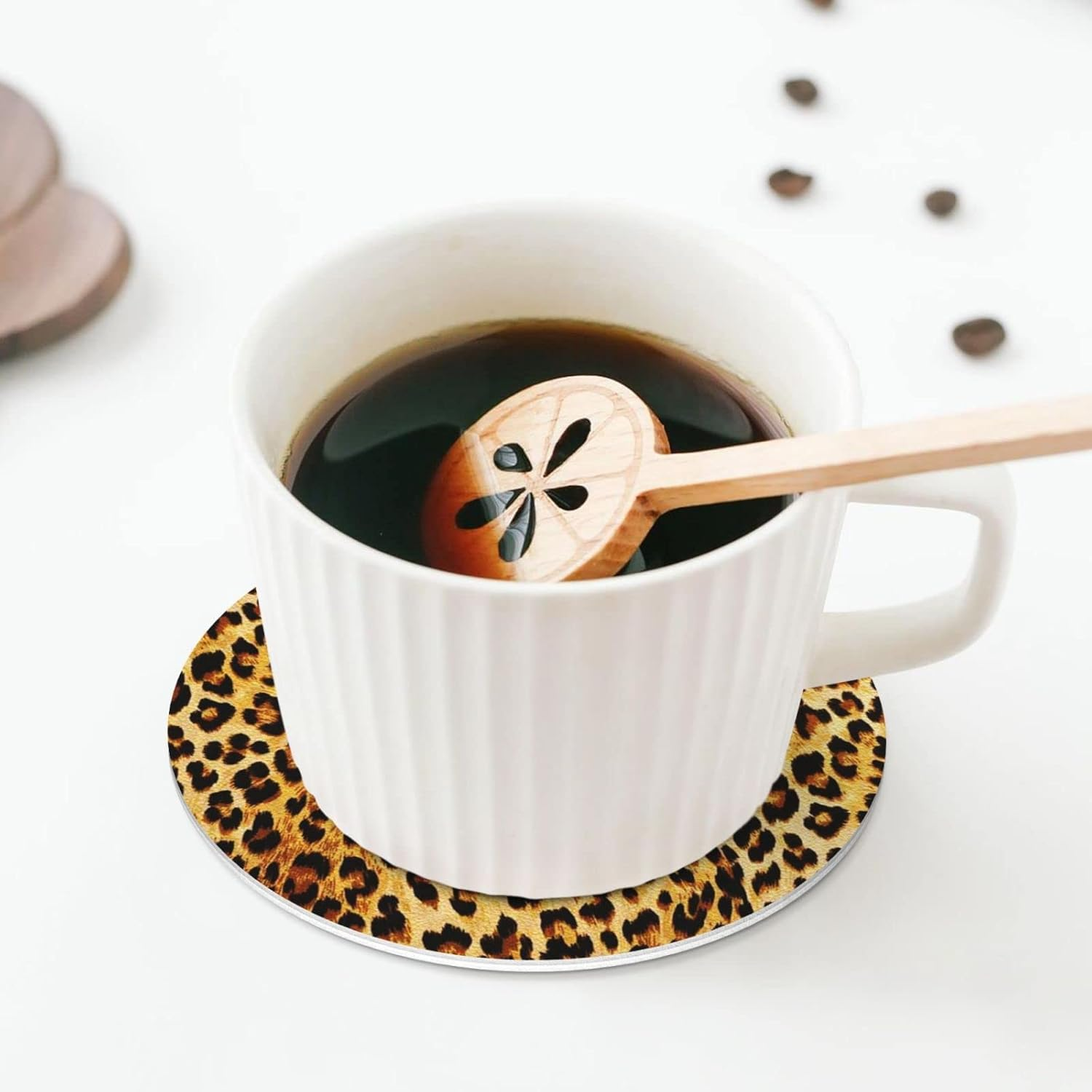 Coasters for Drinks Set of 6, Leopard Wild Drink Coasters for Coffee Table, Cute Farmhouse Leather Coaster for Cup Kitchen Bar Home Decor Housewarming Gift image number 4