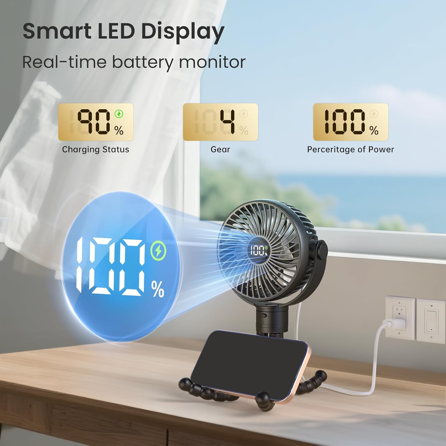 Tripole Portable Pram Fan 4000Mah Rechargeable Stroller Baby Fan 25H Battery Life, Head Detachable Mini Clip on Fans, 4 Speed Personal Desk Fans with Night Light for Car Seat Crib, Black image number 4