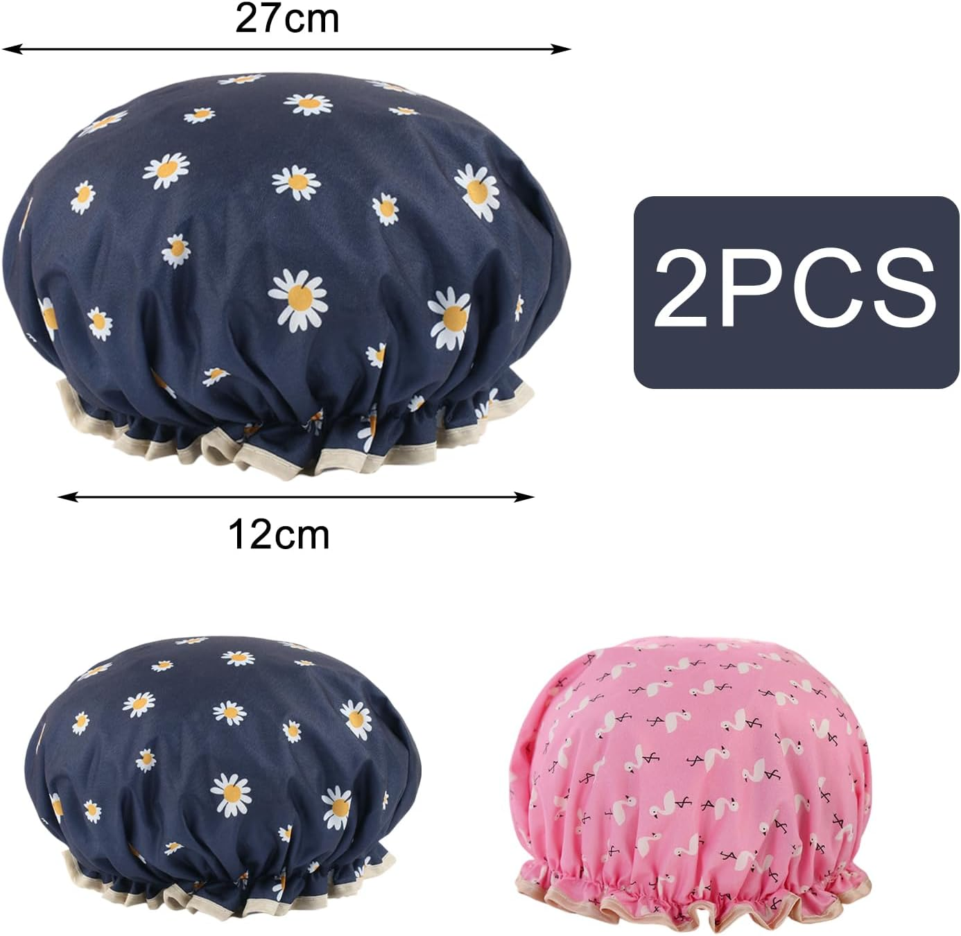 Vaolmlop Pack of 2 Shower Cap, Reusable Shower Caps for Women & Men,Waterproof with Elastic Band & Soft Lining,For Women Girls Ladies Spa Salon Home Use