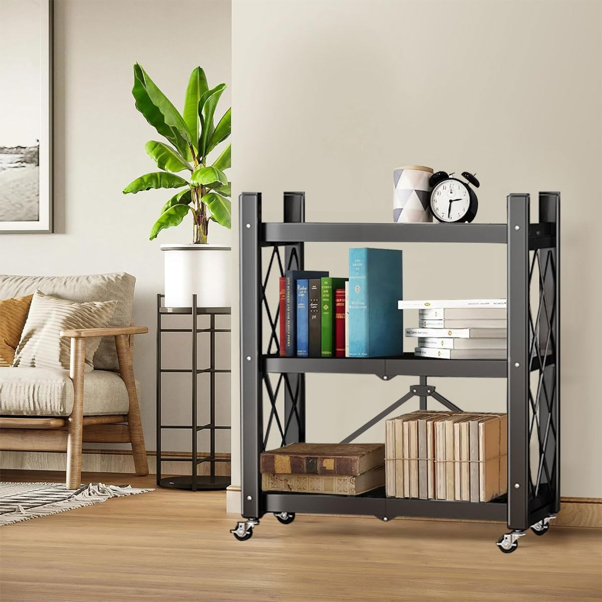 3-Tier Foldable Storage Shelf with Wheels - Metal Collapsible Shelving Unit Display, Rolling Cart for Books Kitchen Storage Shelves - Black image number 5