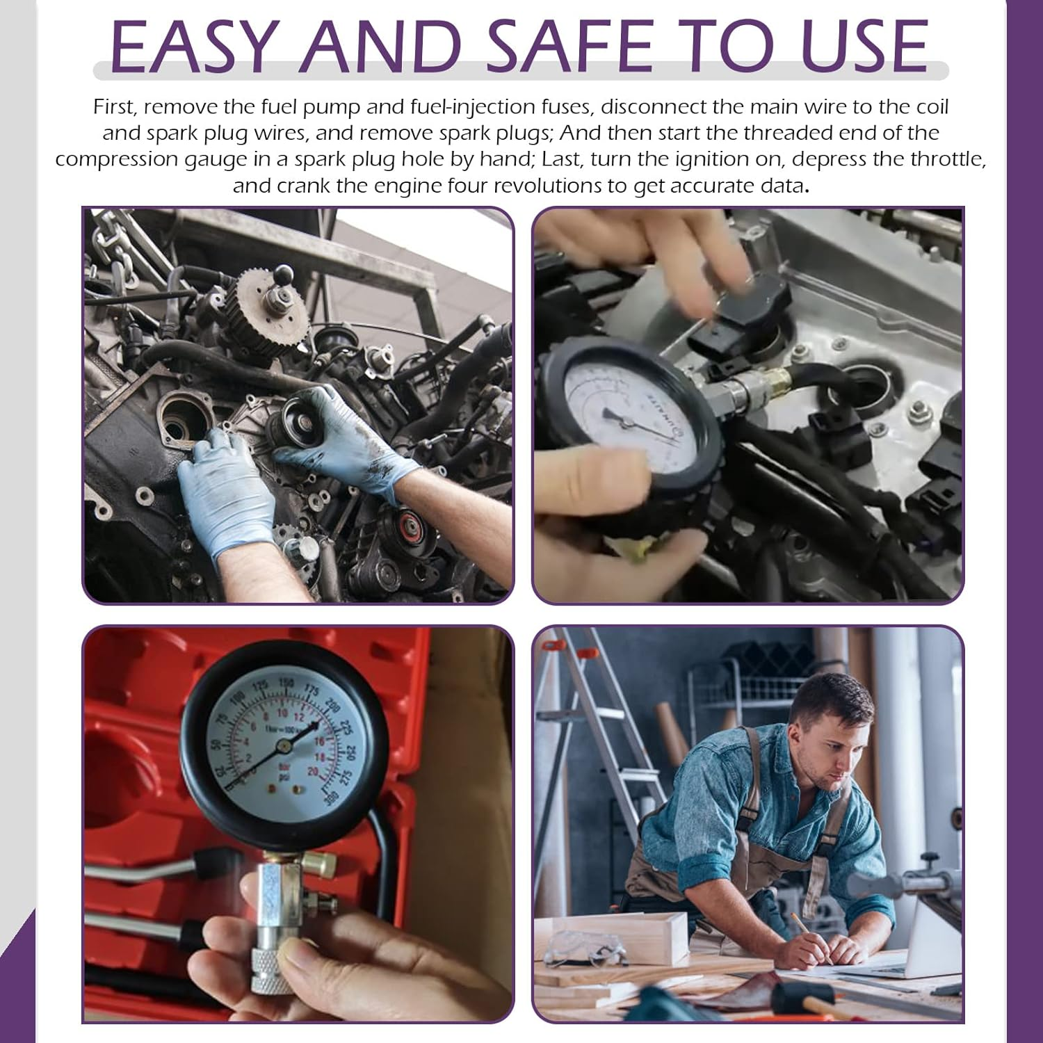 Swpeet 10Pcs Automotive Compression Tester Kit and Spark Plug Tester with Steel Metric and Imperial Feeler Gauge Assortment Kit, Universal Car and Motorcycle Engine Testing Tools image number 3