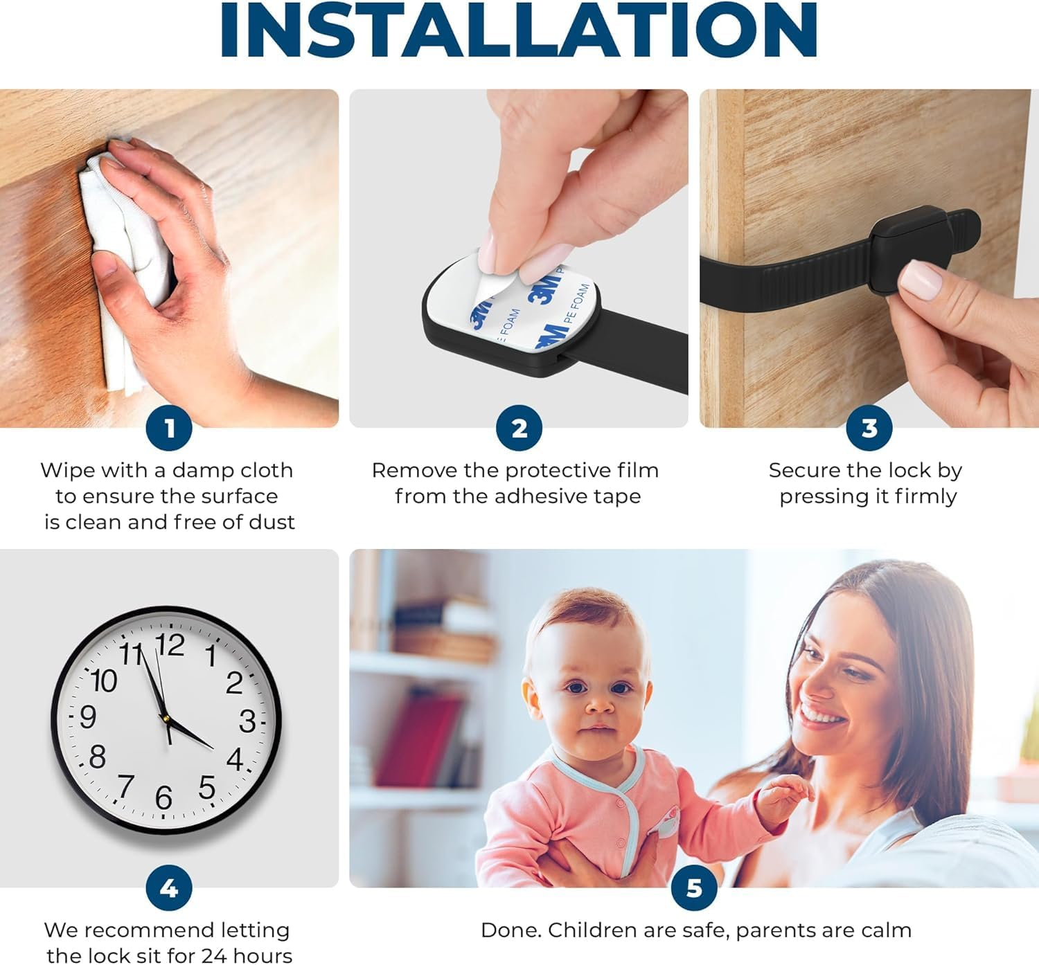 8-Pack Baby Safety Locks - No Drill Sticky Cabinet & Drawer Latches for Fridge, Toilet, Dishwasher | ABS+PE Child Proof Locks (White/Pink/Black/Brown 2 Each) image number 5