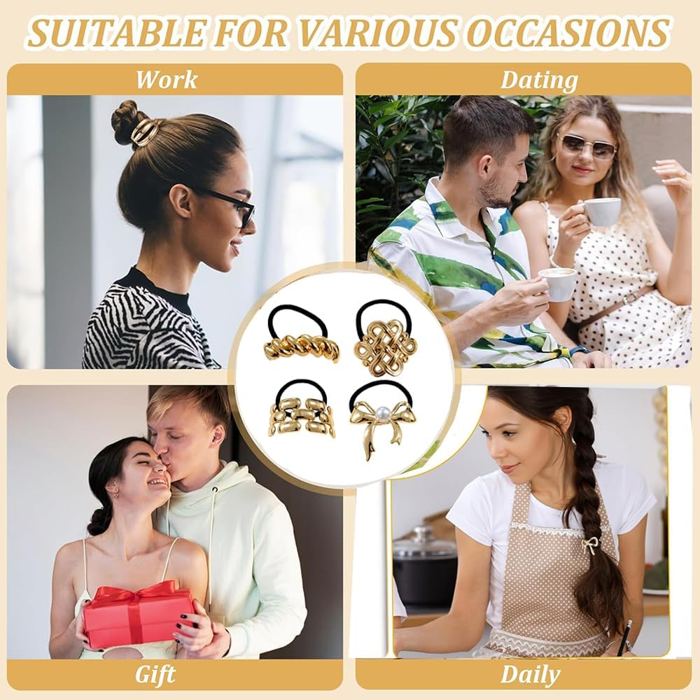 Hair Cuffs for Ponytail, Metal Hair Cuff, Hair Scrunchie, Gold, Hair Cuffs for Ponytails, Punk Hair Holder, Gold Ponytail Cuff for Fine Hair, Pack of 4 image number 3