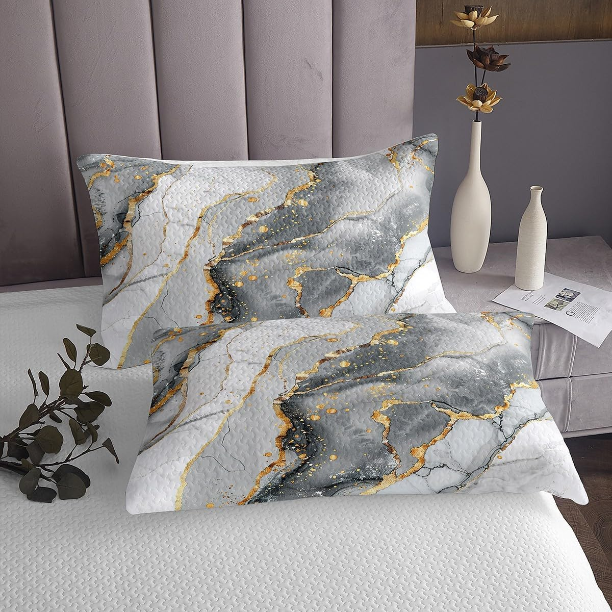 Grey Marble Bedspread 170 X 210 Cm White Grey Gold Glitter Quilted Duvet Abstract Stone Texture Duvet Set of 2 for Children'S Room Decor, Marbled Bed Linen Quilt with 1 Pillowcase image number 1
