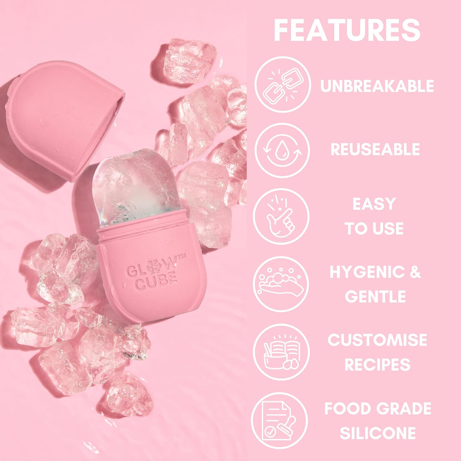 Glow Cube Ice Roller for Face Eyes and Neck to Brighten Skin & Enhance Your Natural Glow/Reusable Facial Treatment to Tighten & Tone Skin & De-Puff the Eye Area (Pastel Pink) image number 4