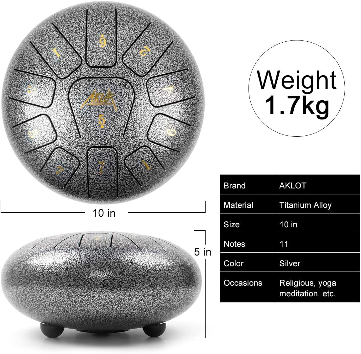 Steel Tongue Drum, AKLOT 10 Inch 11 Notes Tank Drum C Key Percussion Steel Drum Kit W/Drum Mallets Note Stickers Finger Picks Mallet Bracket and Gig Bag