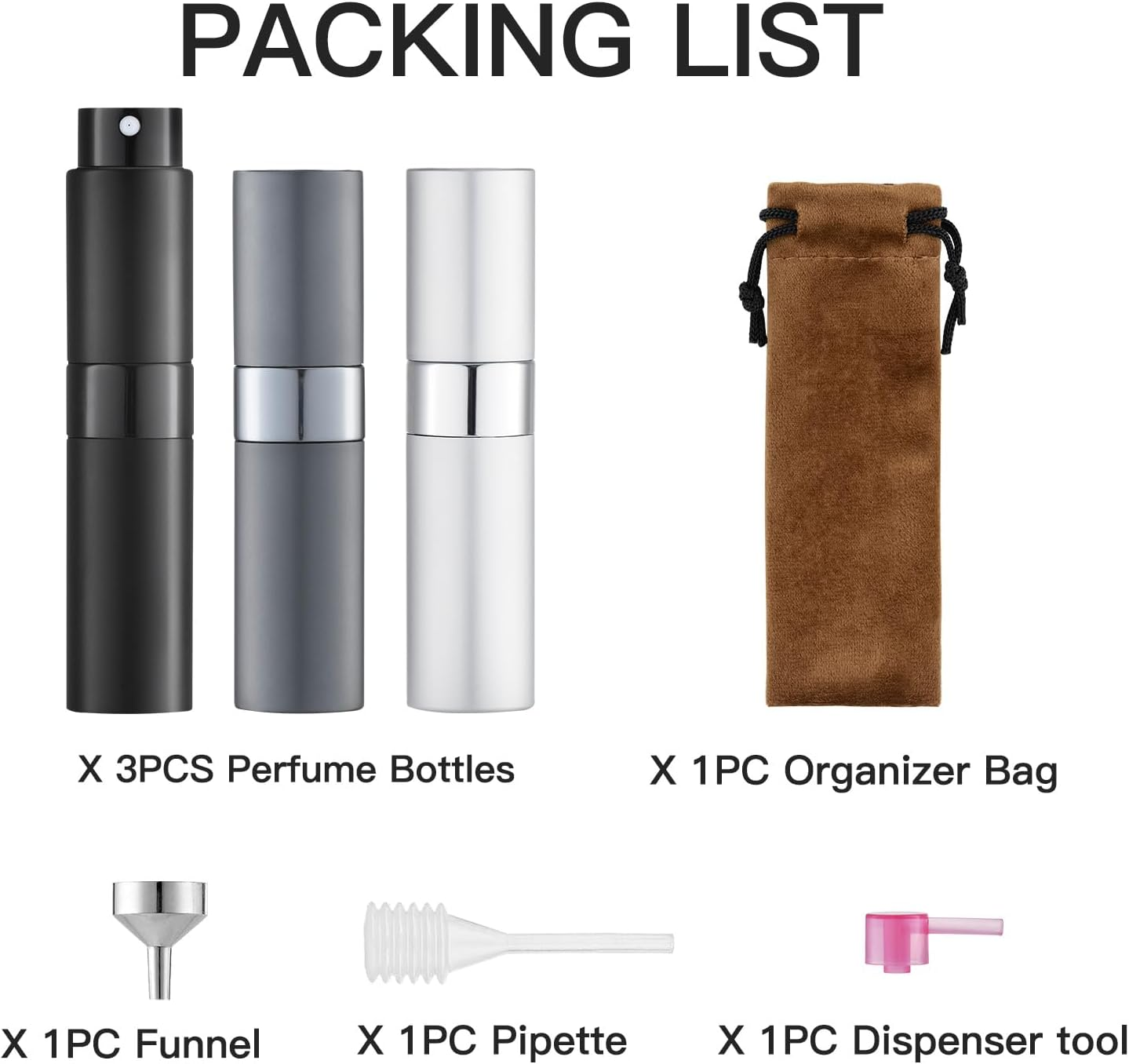 LISAPACK 8ML Atomizer Perfume Spray Bottle for Travel (3 PCS) Empty Cologne Dispenser, Portable Sprayer (Black, Silver, Grey) image number 4