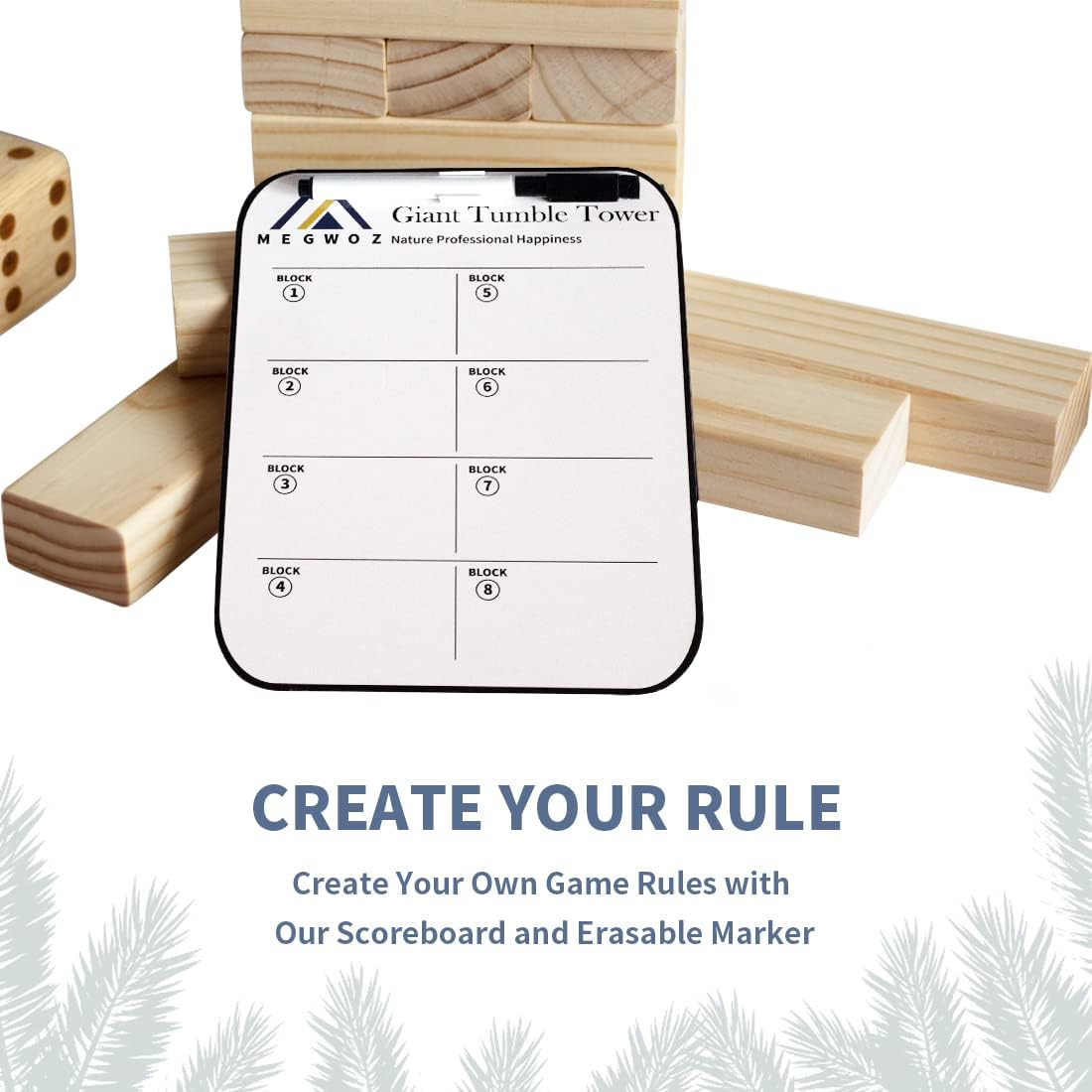 Megwoz Giant Tumble Tower, Stacking Backyard Game with 1 Dice|Scoreboard| Carrying Bag, Premium Pine Wooden Block Game Set for Kids Adult Family- 48 Pieces (1.5Ft to over 3.5Ft ) image number 6