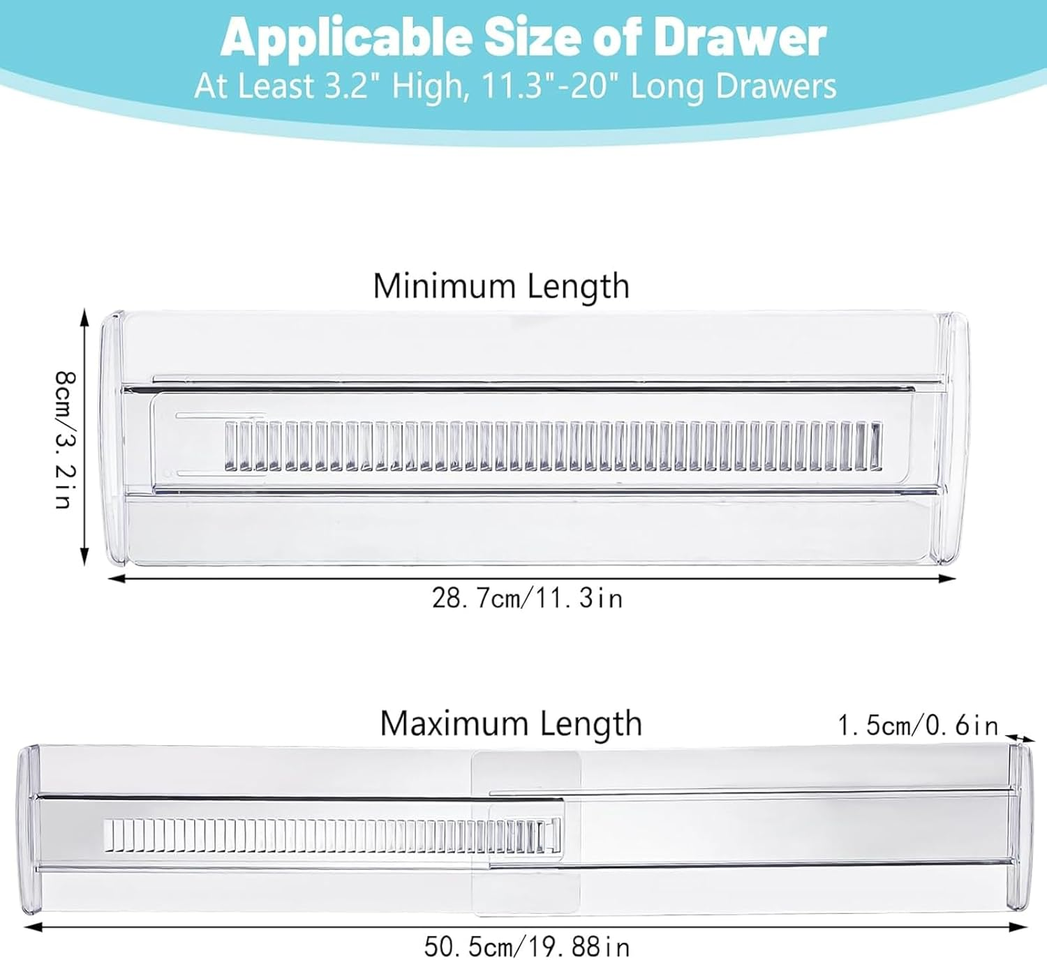 Goyuhome 6 Pack Drawer Dividers, Adjustable 3.2" High Expandable from 11"-20" Clear Plastic Organizers for Clothes, Kitchen Utensils and Office Storage image number 4