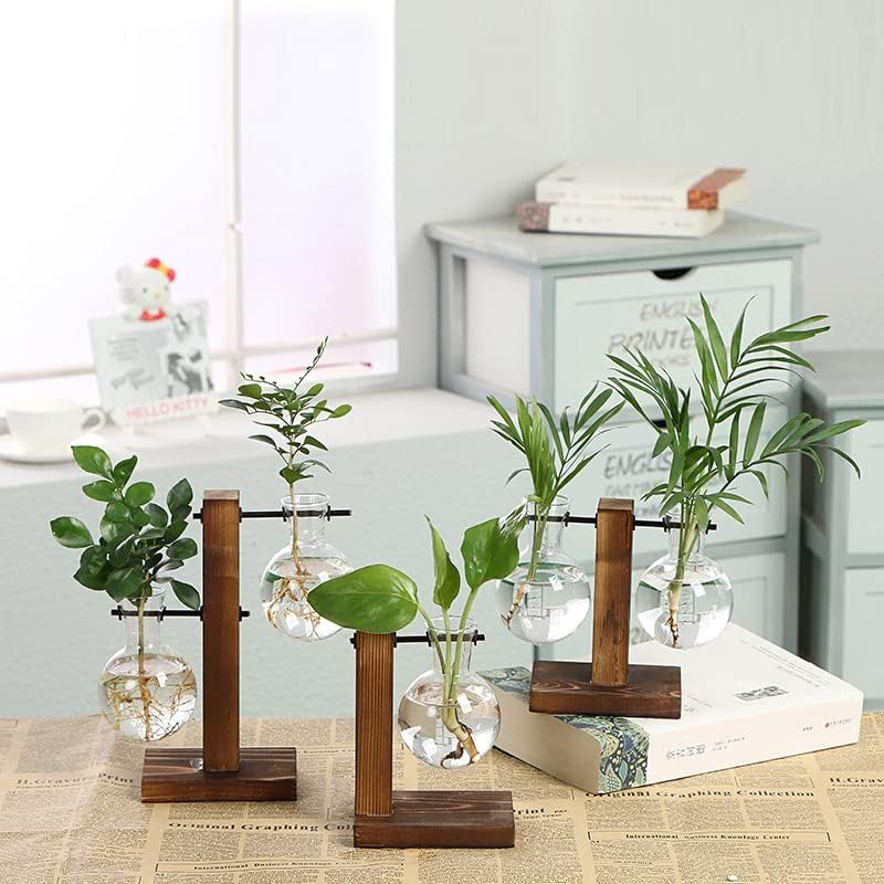 Wooden Stand Glass Flower Vase Hydroponic Hanging Plant Terrarium Container, Modern Hanging Flower Container image number 1