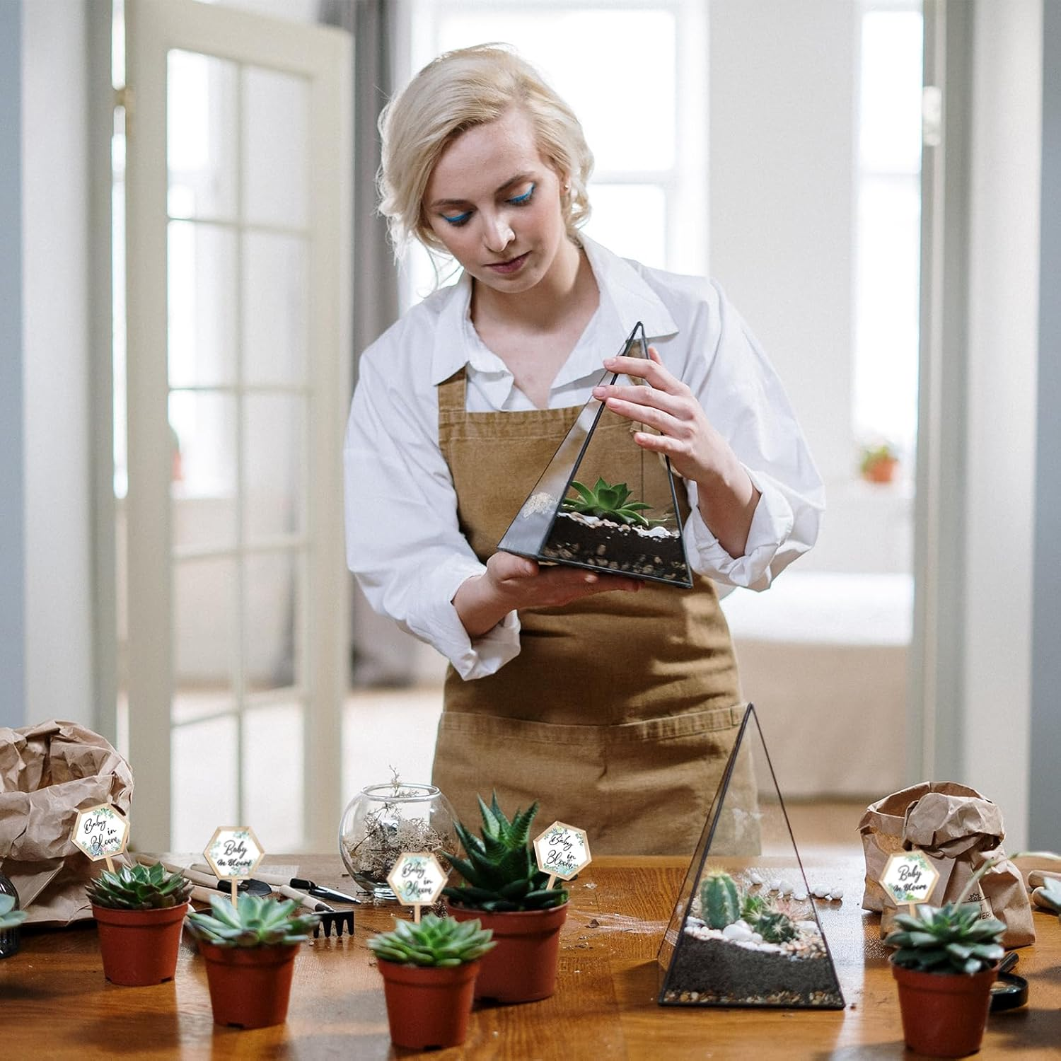 Baby in Bloom Succulent Tags, Wooden Plant Stakes Label Hexagon Plant Markers Plant Signs Succulents Labels for Baby Shower Succulents Potted Plants(48 Pcs) image number 2