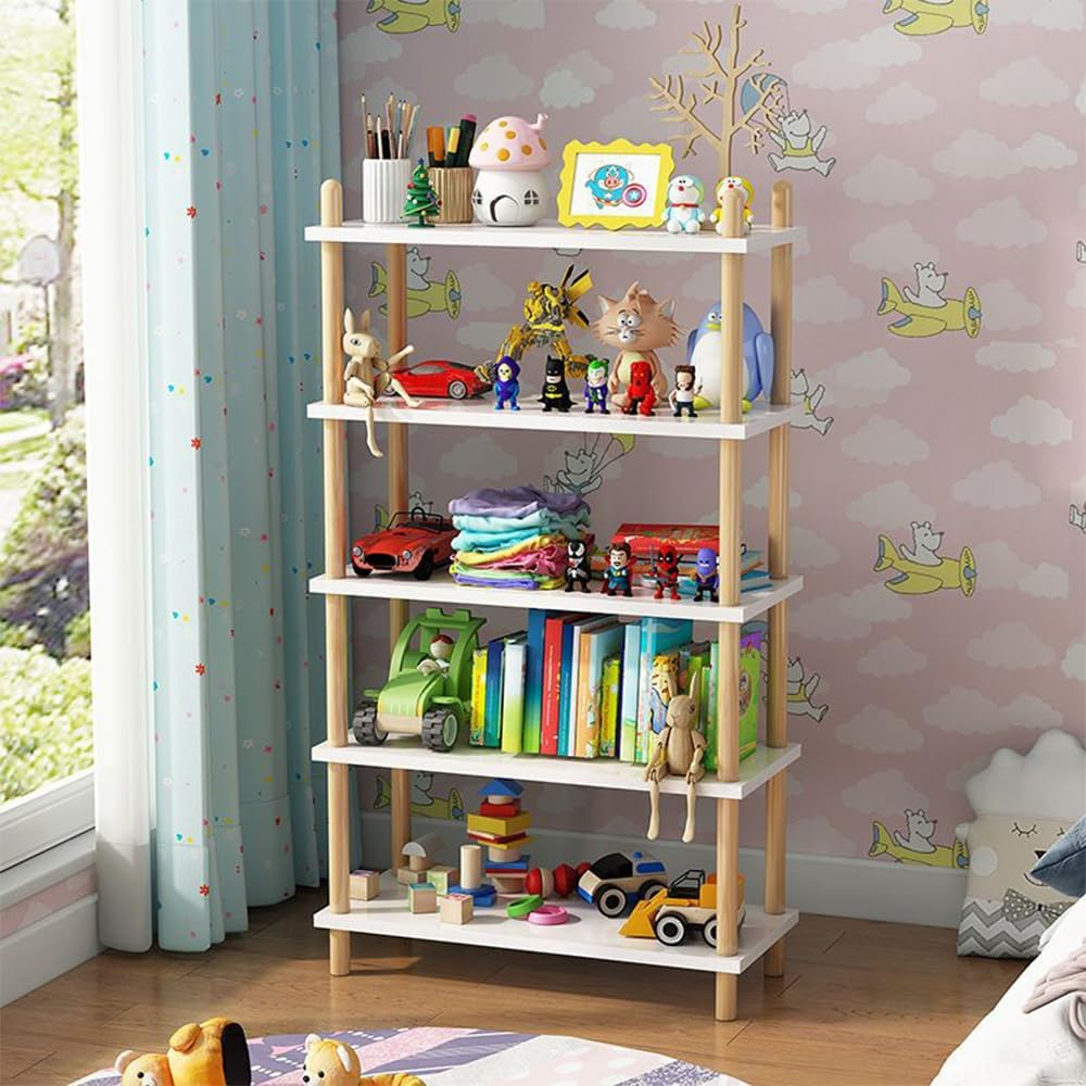 Hbluefat 5-Tier Bookshelf, Floor Standing Display Solid Wooden Bookcase, Modern Simple Open Multifunctional Storage Shelving for Living Room Home Office (White)