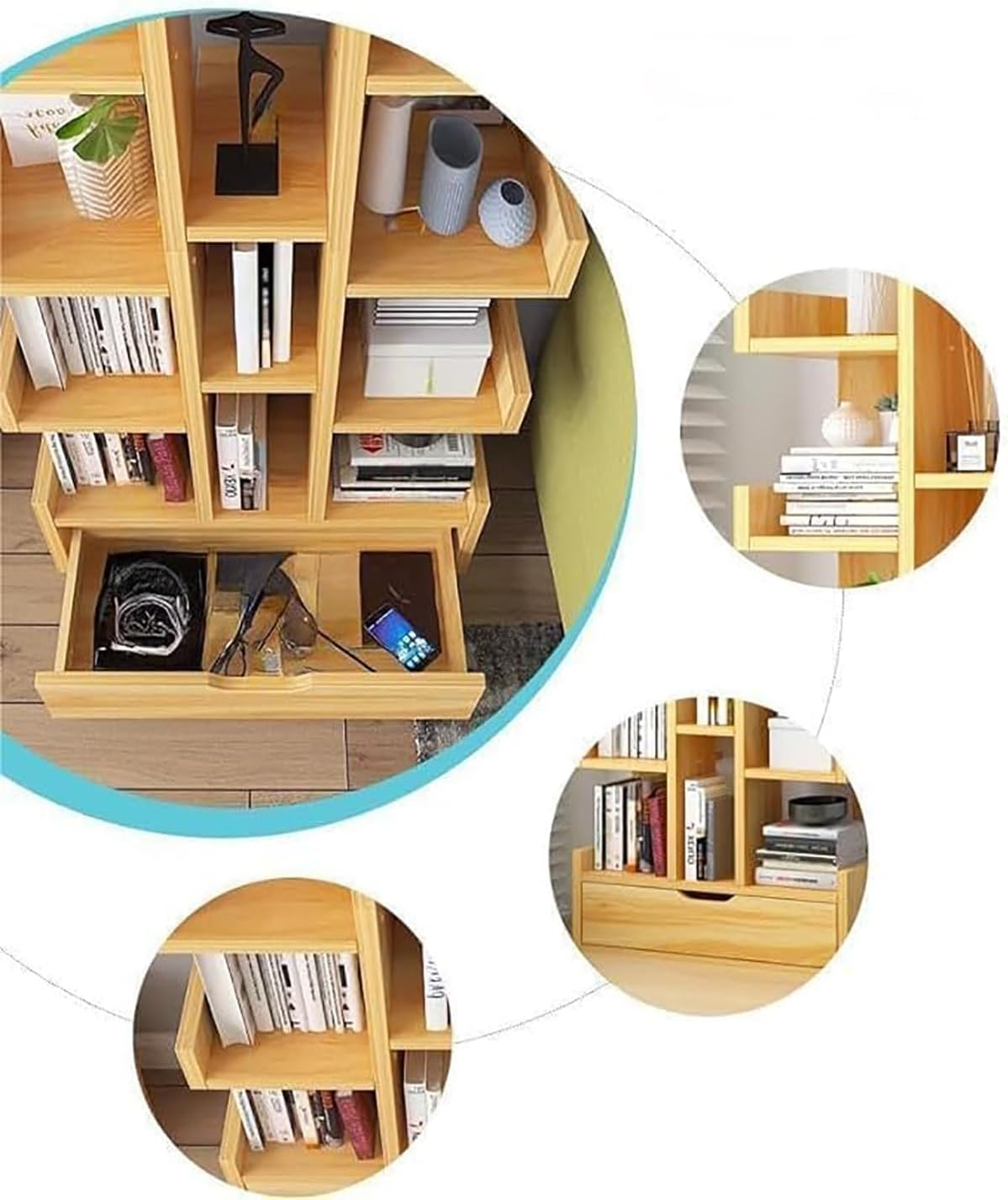 18-Tier Floor Standing Tree Bookshelf, Home Corner Bookcase with Drawer for Cd/Movies/Books, Home Shelf Cabinet Bookcases Storage Rack for Bedroom,Living Room,Office (18-Tier White) image number 2