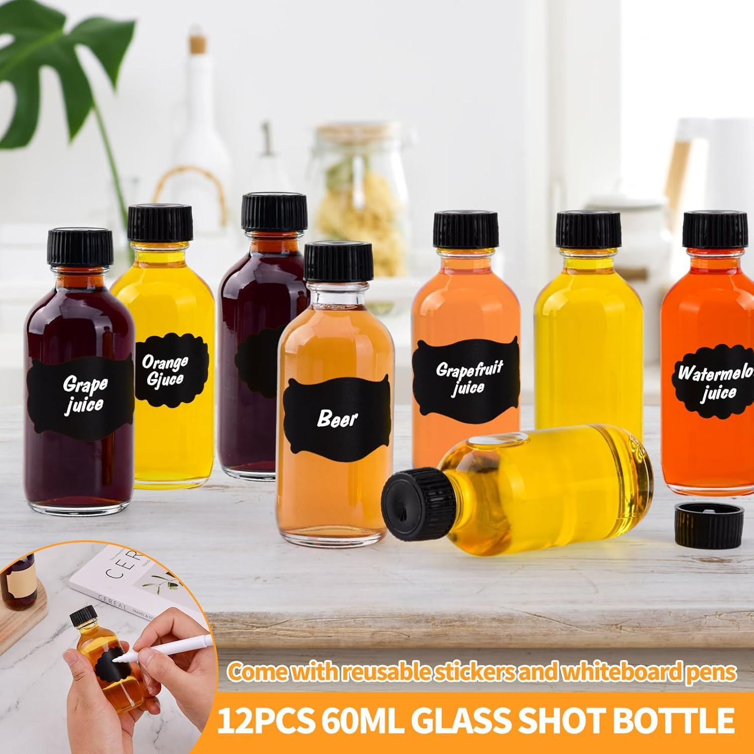 12 Pack 2Oz Small Clear Glass Bottles with Caps, 60Ml Glass Juice Bottles, Wellness Shot Bottles with Funnels, Stickers and Brush, Mini Liquor Bottles for Juice, Water, Ginger, Whiskey, Potion, Sample image number 2
