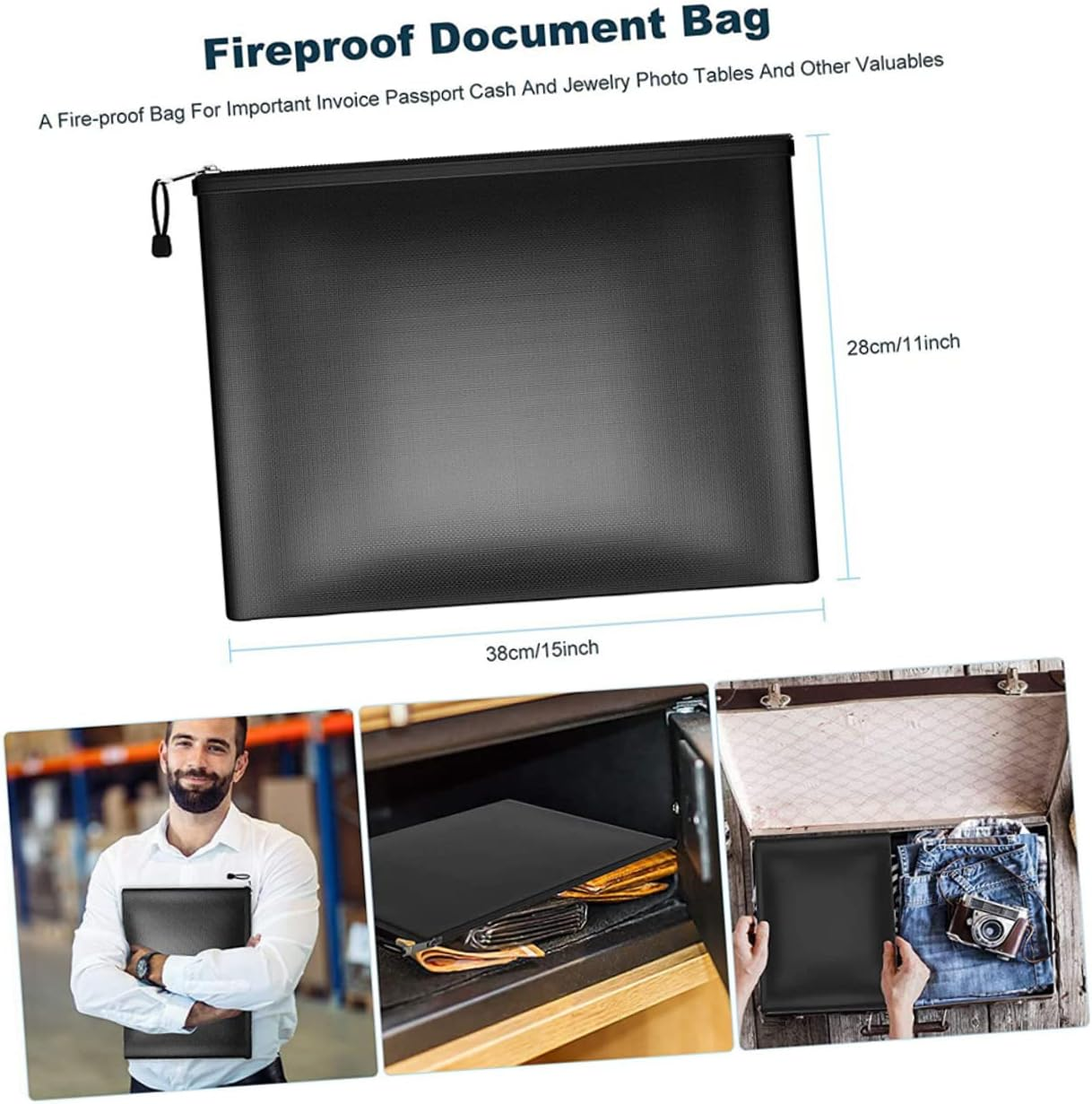 SOPOTUTU Fireproof and Document Bag for Important Documents Zippered Money Bag Metal Closure for Home Office File Storage image number 1