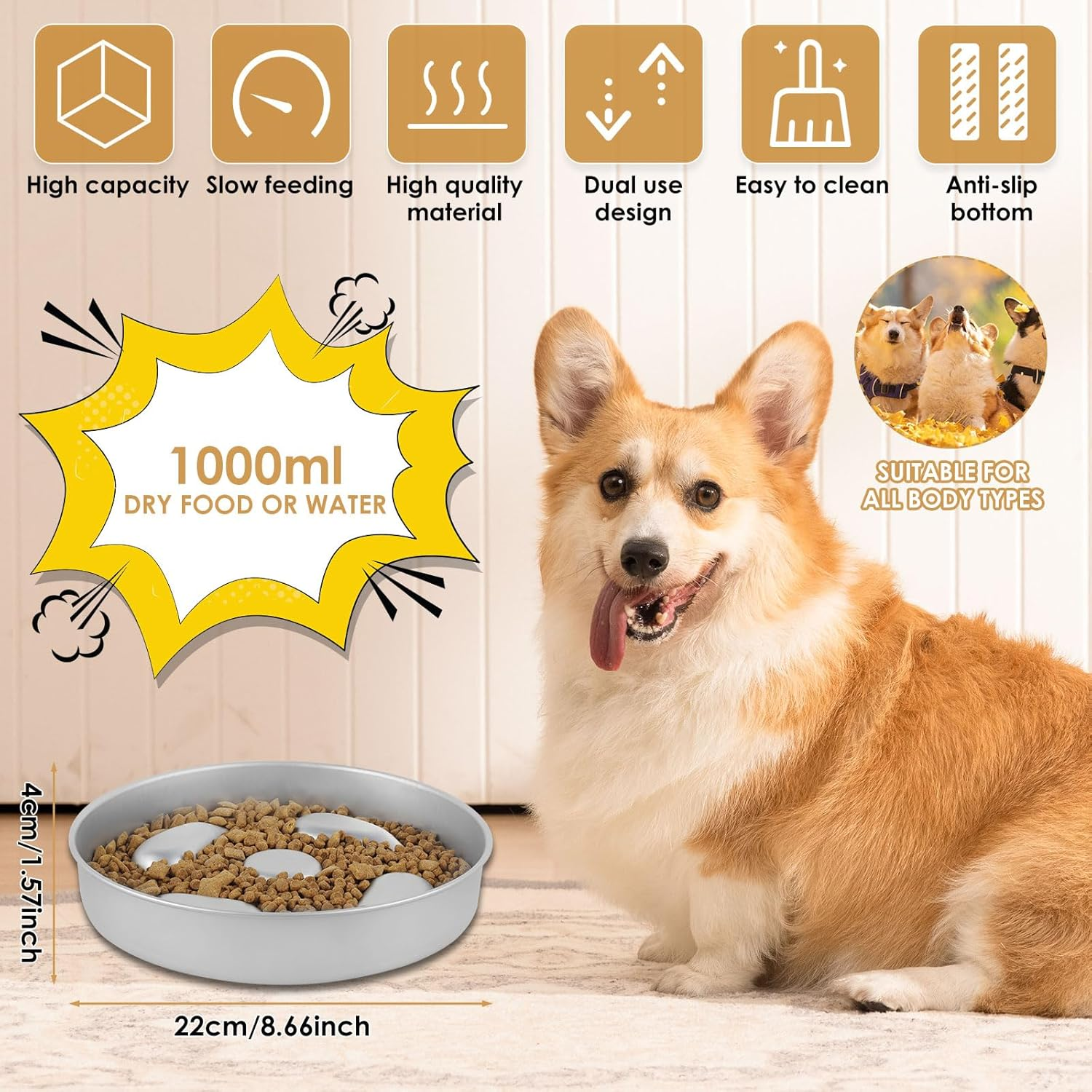 Pet Slow Food Bowl,Pet Slow Feeder,Slow Feeder Bowl,Stainless Steel Dog Slow Feeder Bowl,1000Ml Large Capacity Dog Slow Feeding Bowl,Slow Eating Puzzle Dog Food Bowls for Dogs Cats image number 3