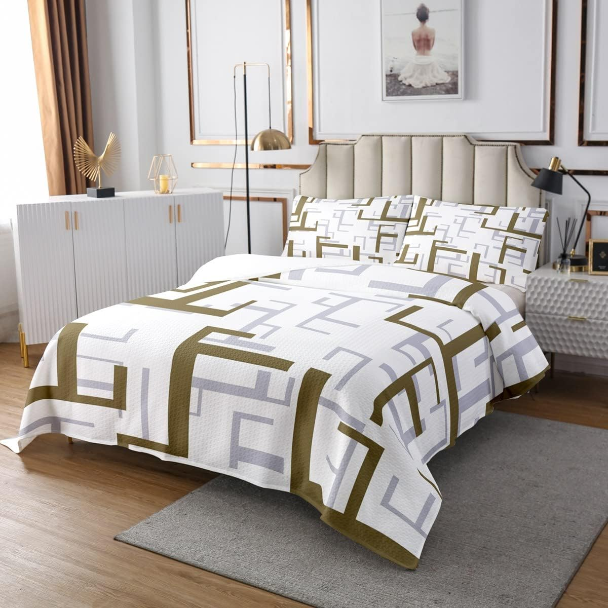 Modern Bedspread with Geometric Pattern, Brown, Lattice Square, Checked Pattern, Quilted, 220 X 240 Cm, for Children, Abstract Lines, Plaid Bed Linen, Geometric Texture, Boys Dorm Decor image number 2