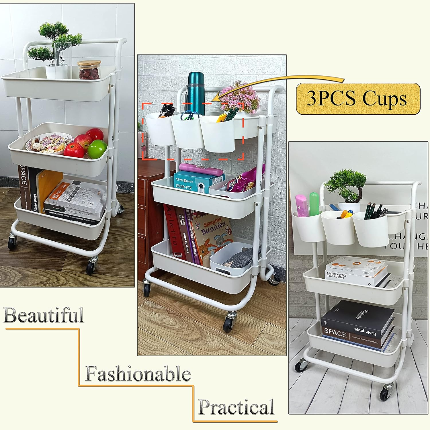 3 Tier Utility Rolling Cart Storage Organizer Shelf Multifunction Rack with 3PCS Hanging Cups for Home Office Kitchen Bathroom Store (3Pcs Cups White) - Black image number 4