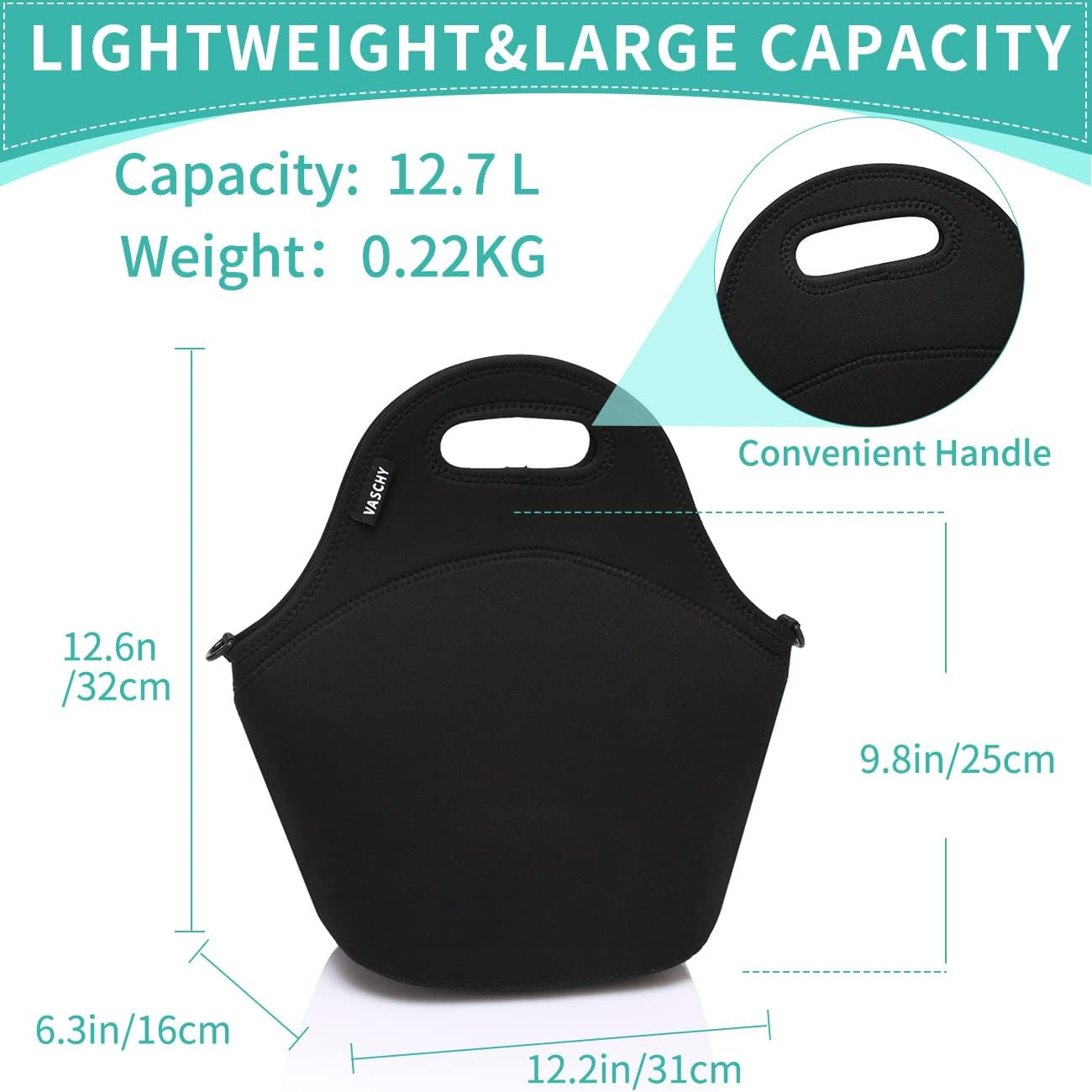 Lunch Bag for Women, Vaschy Big Girls' Neoprene Insulated Container Men Cooler Bag for Work, School, Picnic with Detachable Adjustable Shoulder Strap Classic Black image number 5