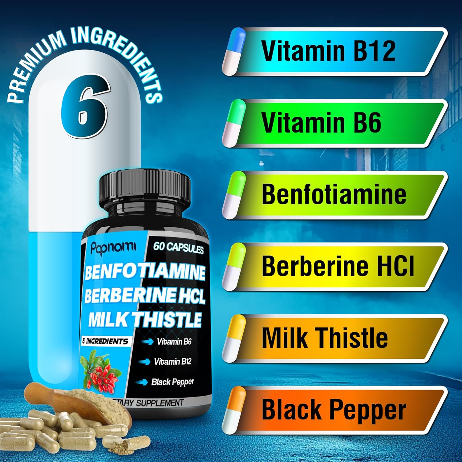 Papnami 6In1 Benfotiamine Supplement - Blended with Vitamin B12, Vitamin B6, Berberine Hcl, Milk Thistle & Black Pepper | 60 Count image number 5
