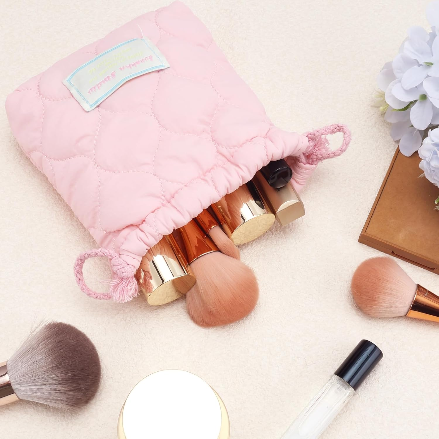 TUCEWP Cotton Quilted Drawstring Makeup Bag Small Cosmetic Bag Preppy Portable Toiletry Pouch for Purse Cute Pink Travel Organizer Bags Aesthetic Mini Storage Bags for Women Girls Kids Mama Gift image number 2