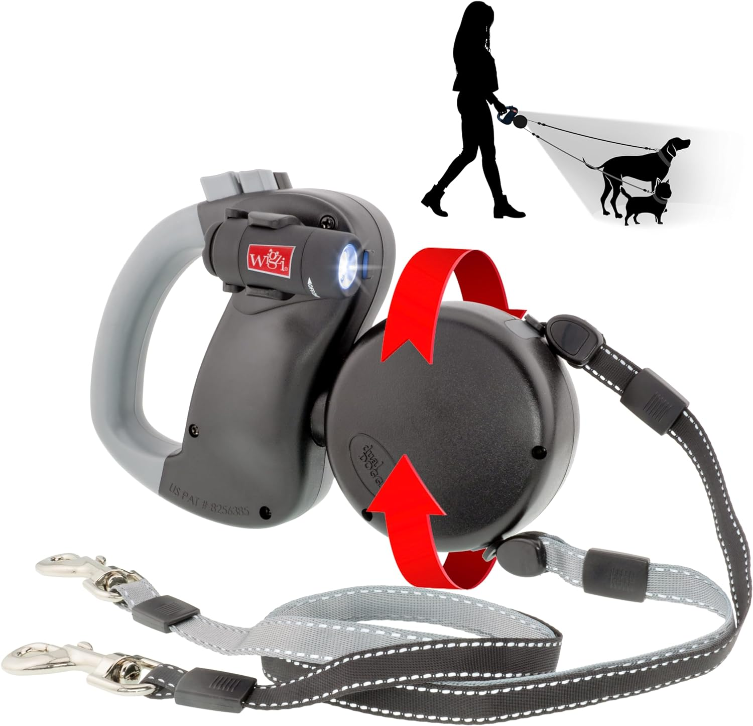 WIGZI Dual Doggie (2 DOG) Retractable Leash with Light (L.E.D), No Tangle 360 Technology, Independent Braking Each Dog up to 50Lbs Each Dog with 10 Ft Reflective Leads for Safety, Black & Gray Buttons