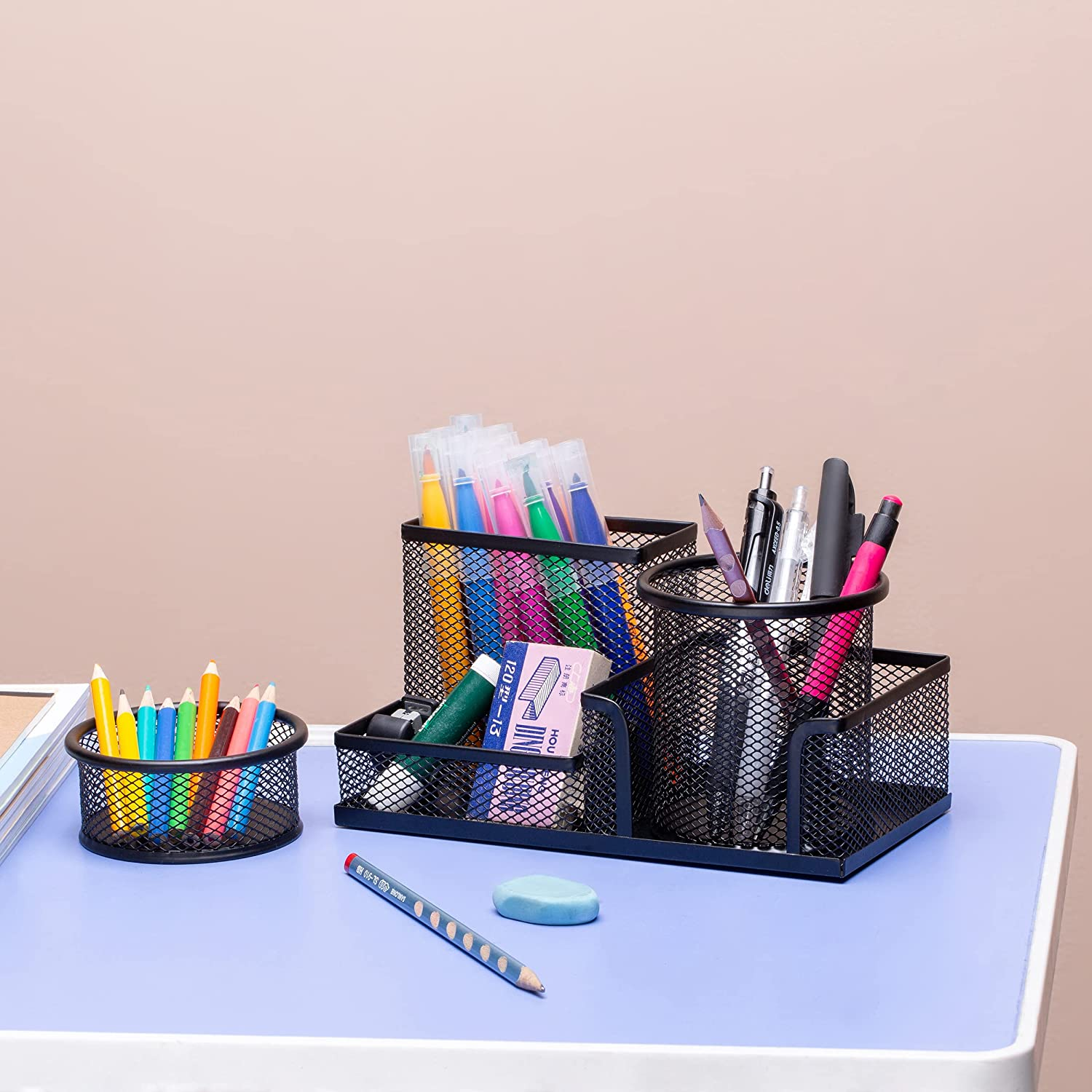 Desk Organisers Set with Pen Holder, Metal Mesh Pencil Holder for Office Desktop Storage and Organise, Desk Drawer Organizer for Small Desk Accessories and Stationeries, Back to School Gifts image number 1