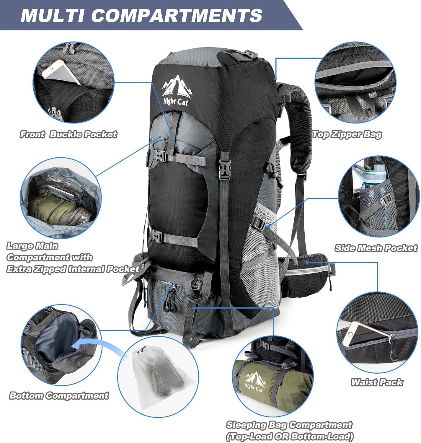 Night Cat Hiking Backpack 40L 70L 90L Backpack Trekking Backpack Travel Backpack Men Women Breathable for Camping Trekking Mountainering Climbing Bicycle Travel image number 5