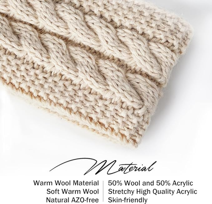 Hatromm Winter Headbands for Women Wool 2 Pack, Ear Warmers for Women Headband Knit Thick Fleece Lined(Black+White) - Black+Army image number 3