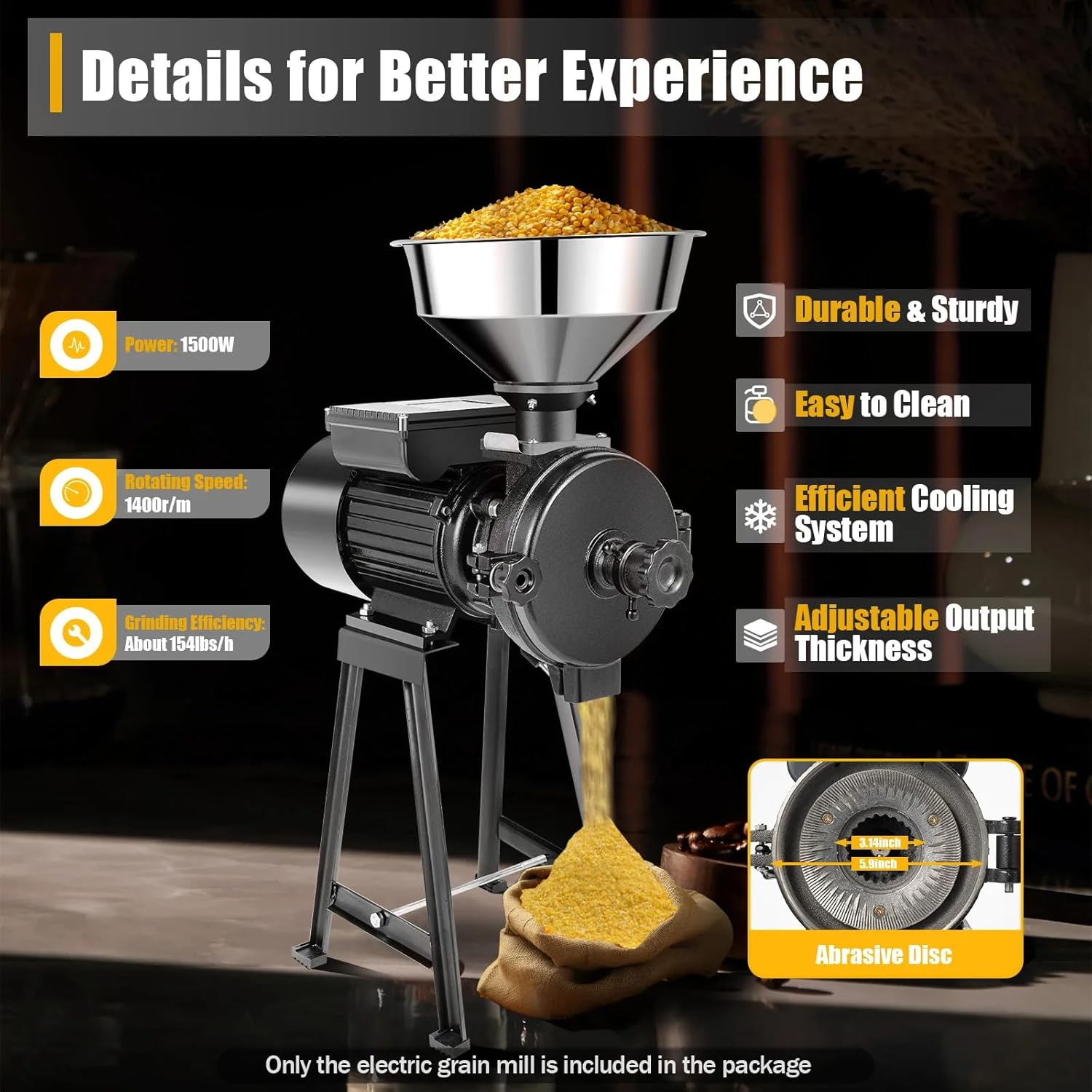 Electric Grinder, Grinder Mill Electric Grain Corn Wheat Feed/Flour Dry Wet Cereal Machine, Ultra-Fine Powder Grinding Machine, Cereals Grinder Rice Corn Grain Coffee Wheat with Funnel image number 3