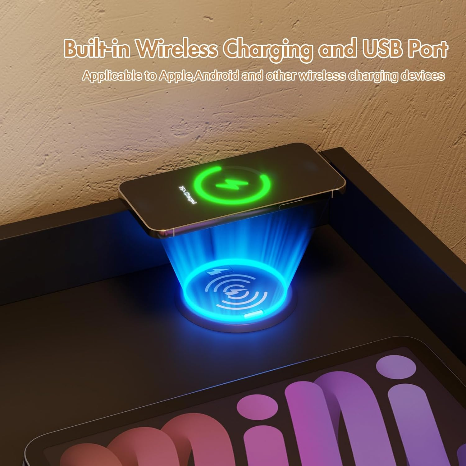 Advwin Bedside Table with 2 Drawers(1 Glass Visible), Large Nightstand with LED Light, Wireless Charging Station and USB Port for Bedroom Living Room, Black