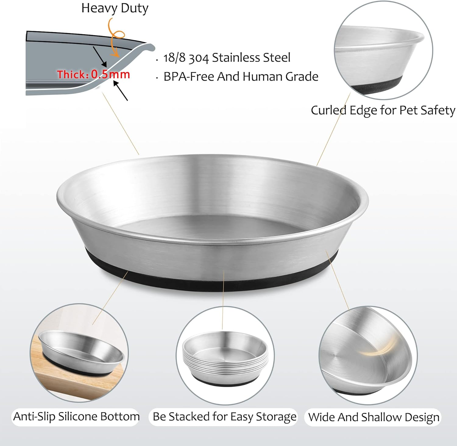 WROSWT Stainless Steel Cat Bowls,Whisker Friendly Shallow Cat Dishes for Food and Water,Non-Slip Silicone Bottom,Heavy Duty,Replacement Kitten Metal Plate for Elevated Stands,2 Pack image number 1