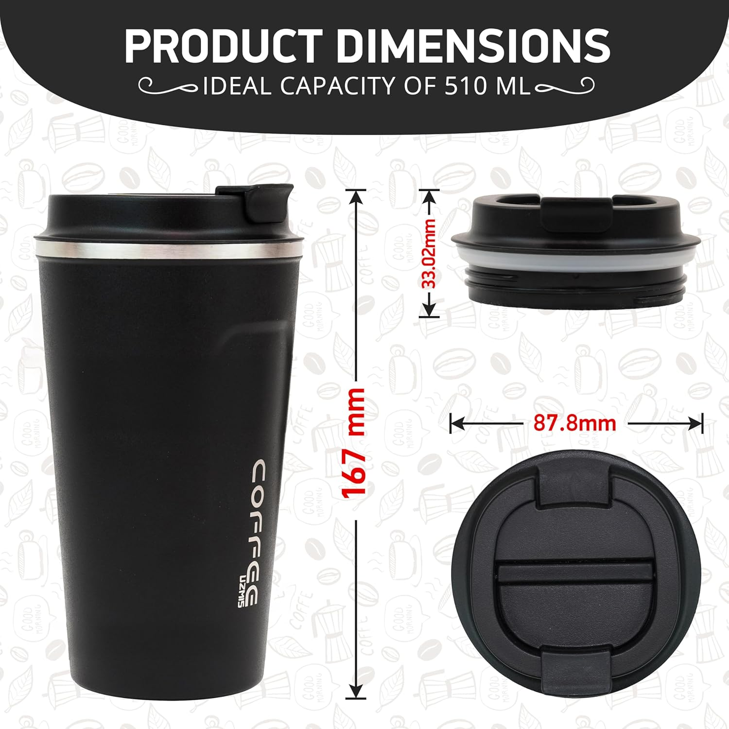 Coffee Cup, Stainless Steel Insulated & Reusable Travel Mug with Leak Proof Lid, Eco-Friendly Coffee Mug for Hot, Cold Drinks (Black - 510Ml) image number 4