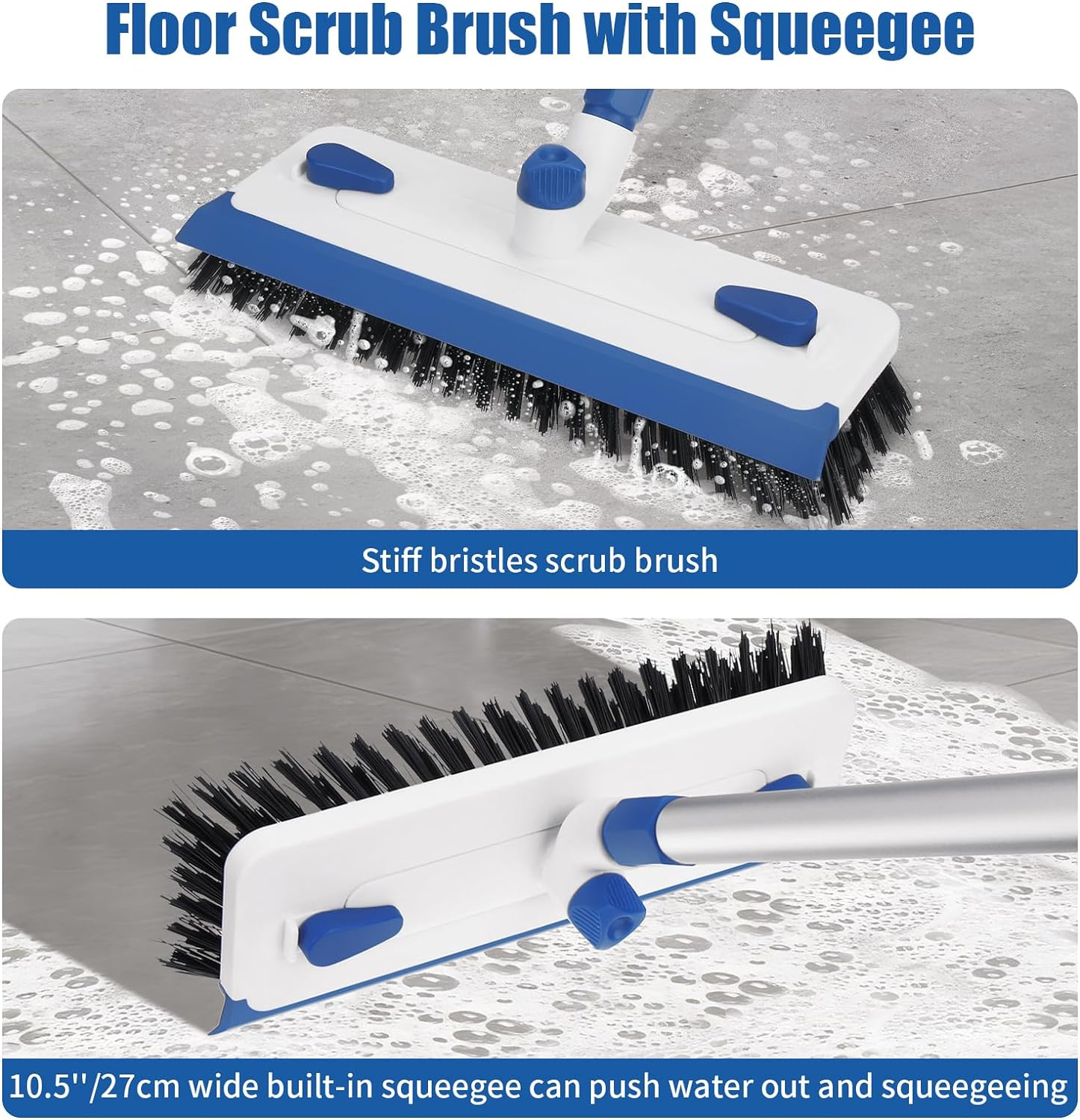 Qaestfy 3 in 1 Floor Scrub Brush with Squeegee, 55'' Extendable Long Handle Floor Scrubber Cleaner for Tile, Garage, Concrete, Rug, Shower Bathroom - Blue image number 3