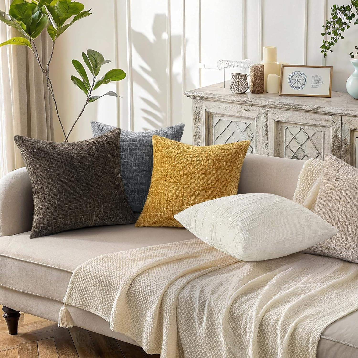 Dark Grey Chenille Throw Pillow Covers 18X18 Set of 2 Thick Textured Slubby Couch Pillow Covers Farmhouse Accent Modern Neutral Decorative Pillow Cases for Bed Sofa Living Room