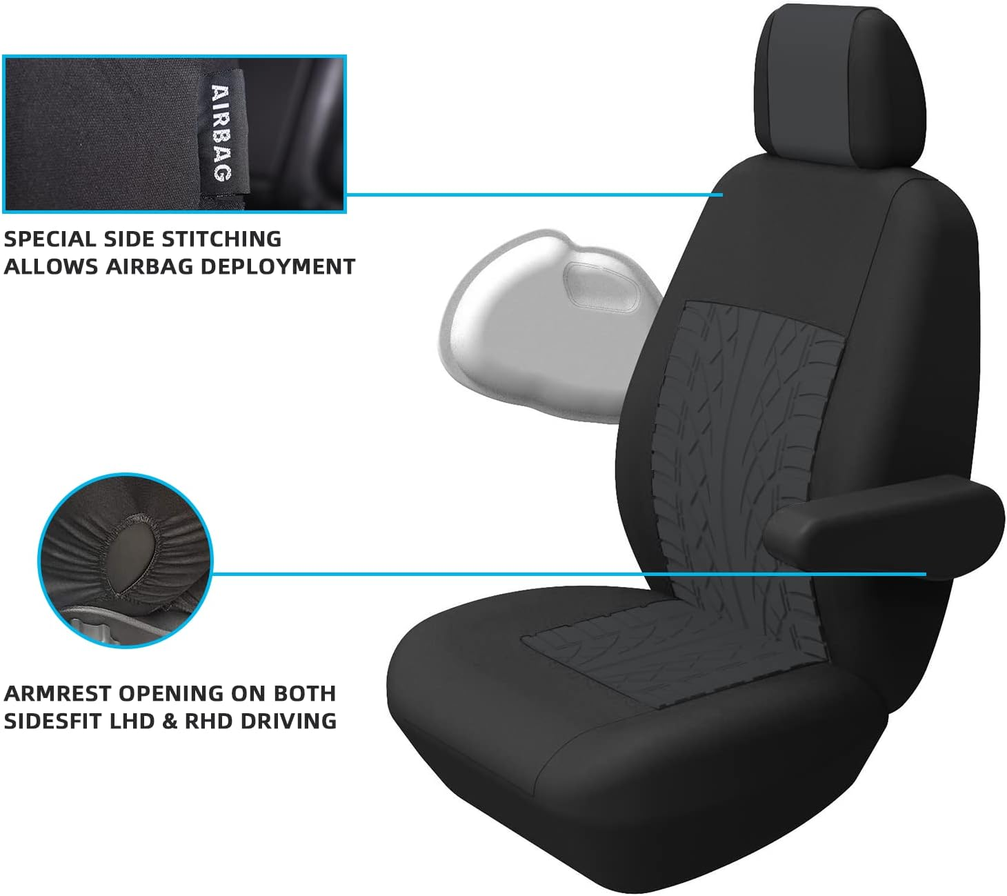TOYOUN Universal Auto-Sitzbez&uuml;ge F&uuml;r Transporter LKW Vorn Autositzbez&uuml;ge 3D-Reifen-Spur-Muster Sitzbezug Fahrersitz + 2Er Beifahrersitzbank Schonbez&uuml;ge Schwarz image number 2