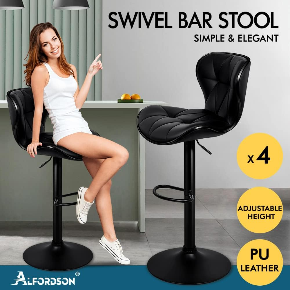 ALFORDSON Bar Stool 4Pcs Adjustable Kitchen Stools Luna Swivel Counter Barstools Dining Chair in 54-75Cm Seat Height for Home Bar Dining Room (All Black) image number 1