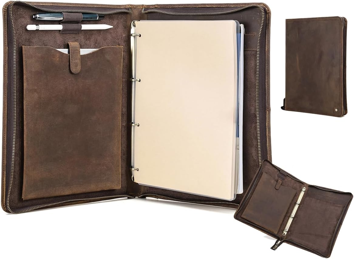 Contacts Full Grain Leather Portfolio 4 Ring Binder Professional A4 Notebook Folder Zipper Binder Organizer with 11" Ipad Pocket, 40 Sheets of A4 Paper image number 4