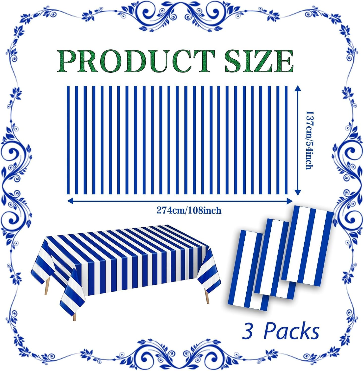 OQOQ Navy Blue and White Striped Tablecloth(3 Pack) - 54X108 Inches Father'S Day Party Decoration Supplies Disposable Plastic Rectangular Table Cloth for Birthday Ocean Nautical Theme Party Picnic image number 4