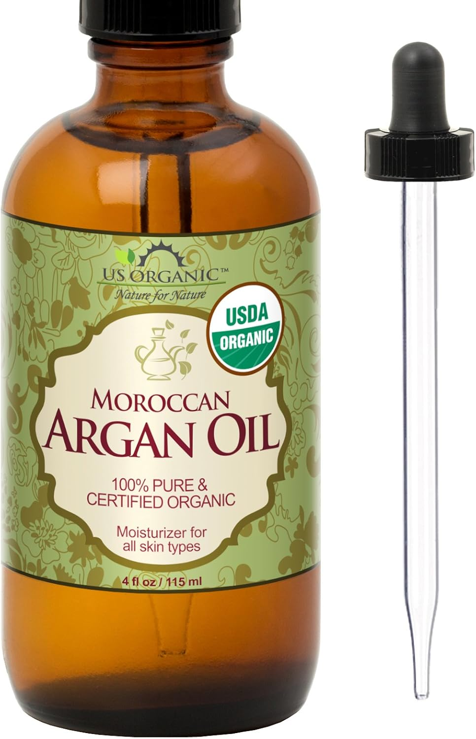 US Organic Moroccan Argan Oil, USDA Certified Organic,Pure & Natural, Cold Pressed Virgin, Unrefined, 4 Oz in Amber Glass Bottle with Glass Eye Dropper for Easy Application. Origin_Morocco image number 1