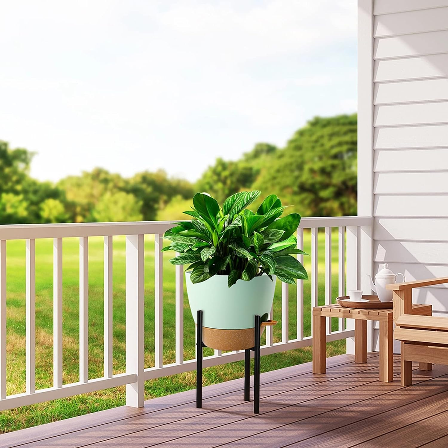 12 Inch Large Self Watering Pots, Plastic Planters with 60Oz Removable Deep Reservoir and Multi Mesh Drainage Holes for Indoor Outdoor Garden Plants and Flowers, Green with Brown