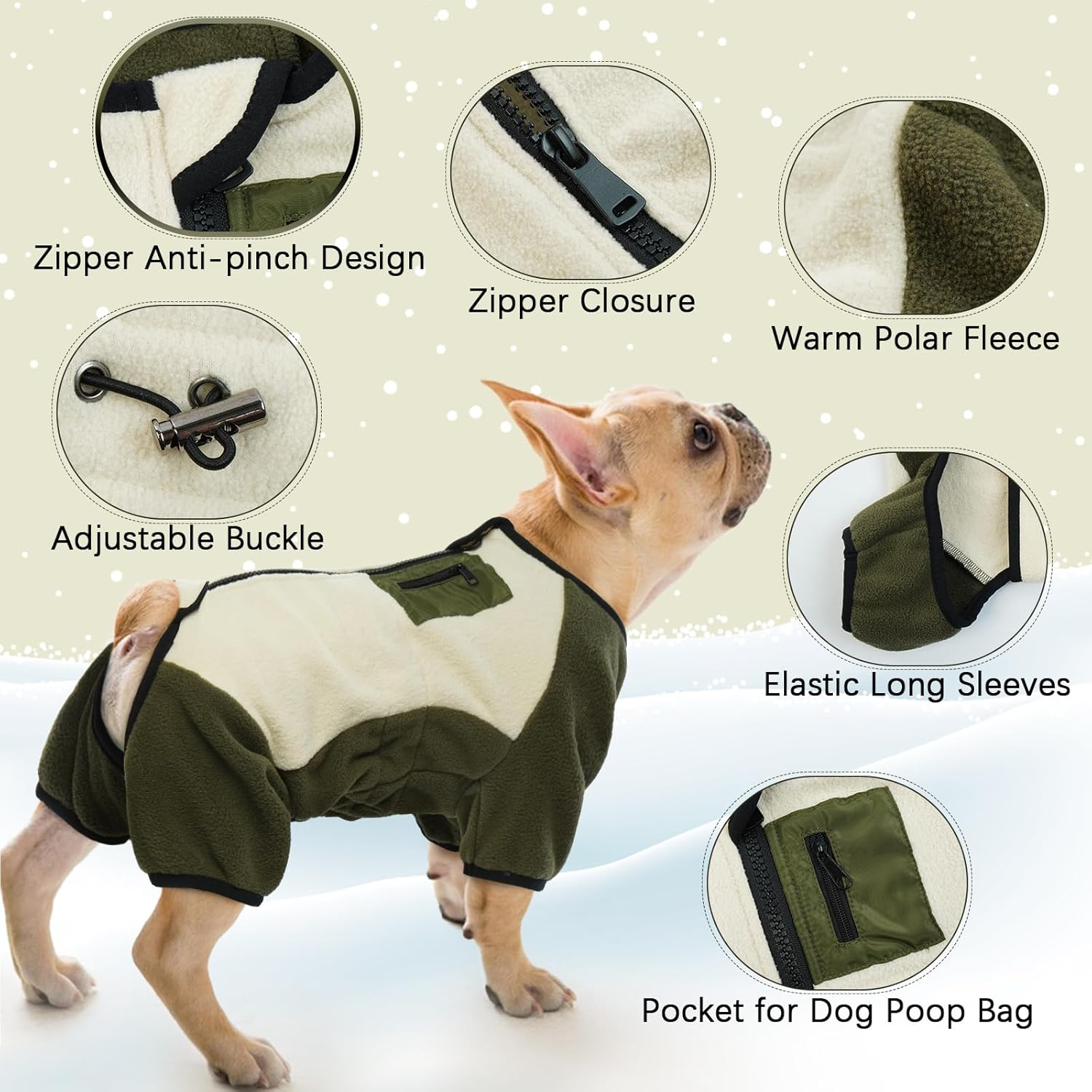 Dog Fleece Coat, Winter Comfy Pullover Dog Pjs Onesie Warm Coats & Jackets with Legs Full Coverage Dog Cold Weather Clothes Cozy with Zipper Closure Indoor & Outdoor Wear(Beige, XL) image number 5