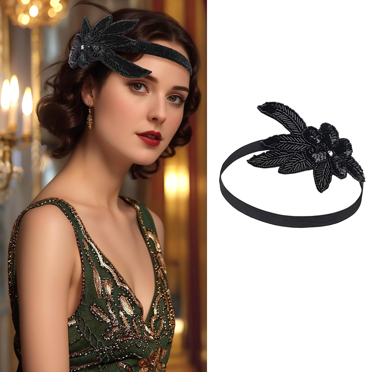 20S Hair Accessories Women'S 1920S Style Vintage Headband Headpiece 20S Women'S Bridal Tiara Hair Accessories Sequins Headband 20S Gatsby Costume Accessories image number 1