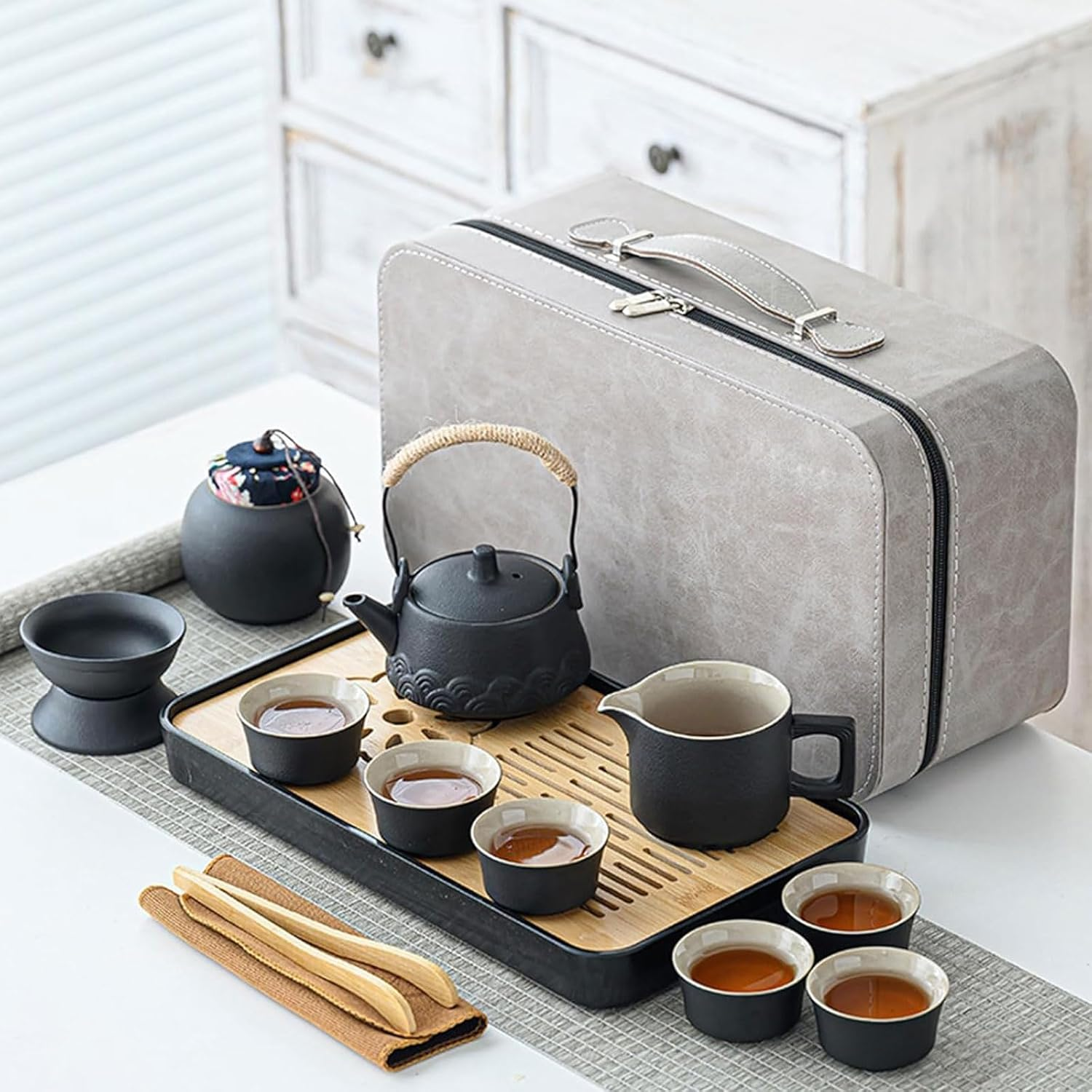 Kapeicamper Japanese Tea Set, Chinese Tea Set, Travel Tea Sets for Adults, Ceramic Gongfu Tea Set, 14-Piece Porcelain Tea Set Withgrey Leather Case, Portable Asian Tea Gift Sets, Home, Outdoor image number 2