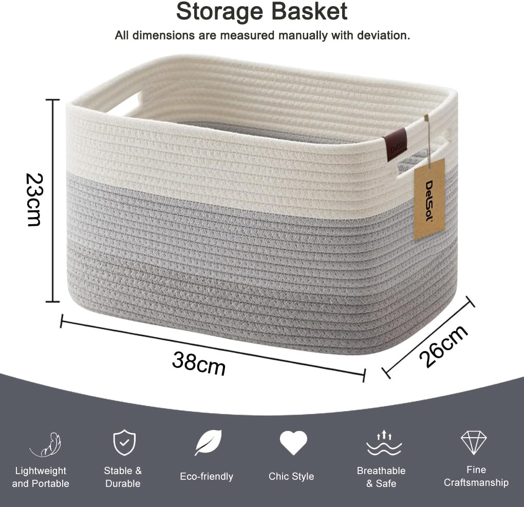 Delsol Cotton Rope Woven Basket, 3 Pack 38X26X23Cm Rectangle Storage Basket with Handle for Living Room, Bathroom, Blanket Clothes Pillows Laundry Hamper, Baby Nursery, Toy Organizer(White & Gray) - Beige image number 3