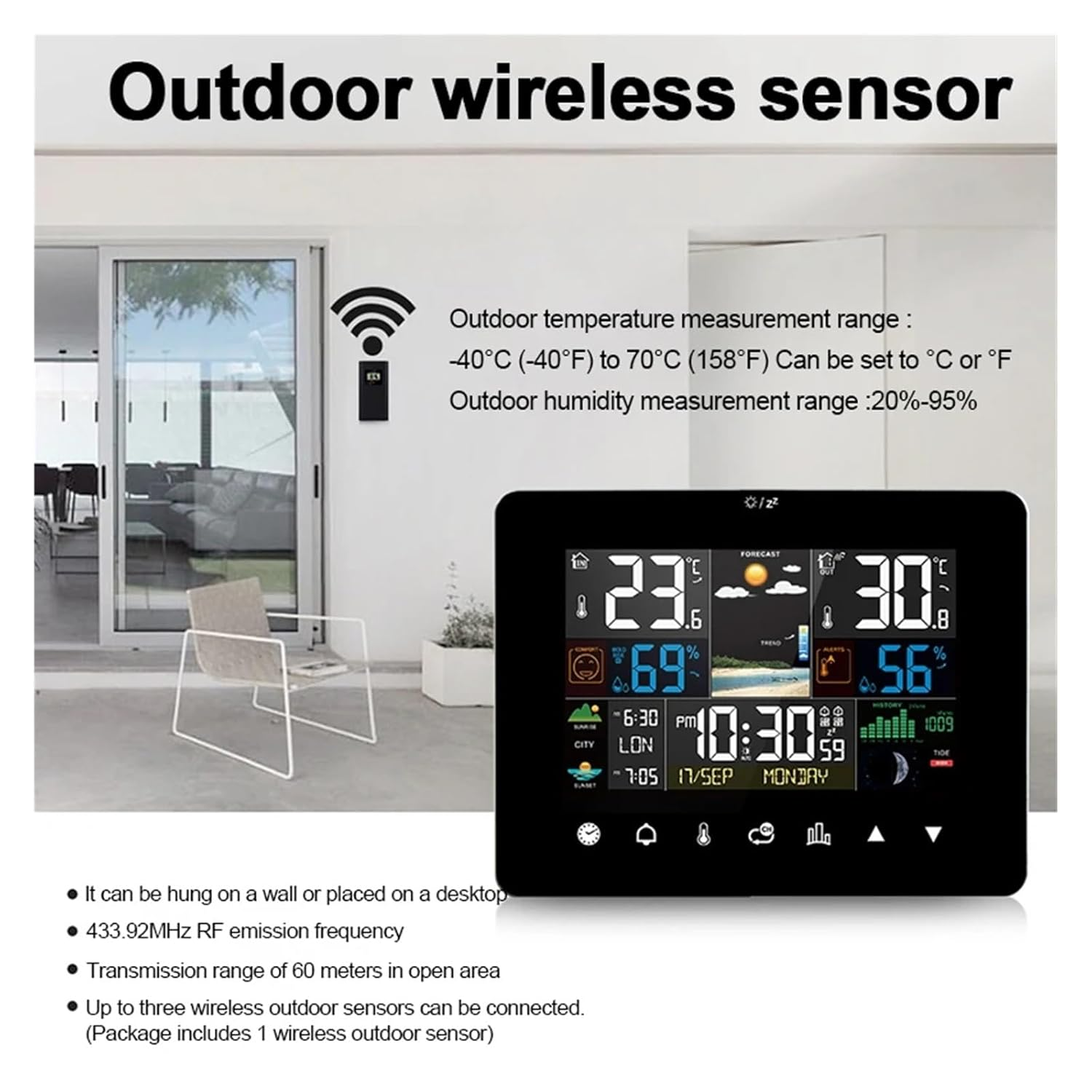 Touch Color Screen Weather Station Alarm Clock Sunrise and Sunset Time Thermometer Hygrometer with Wireless Outdoor Sensor image number 1